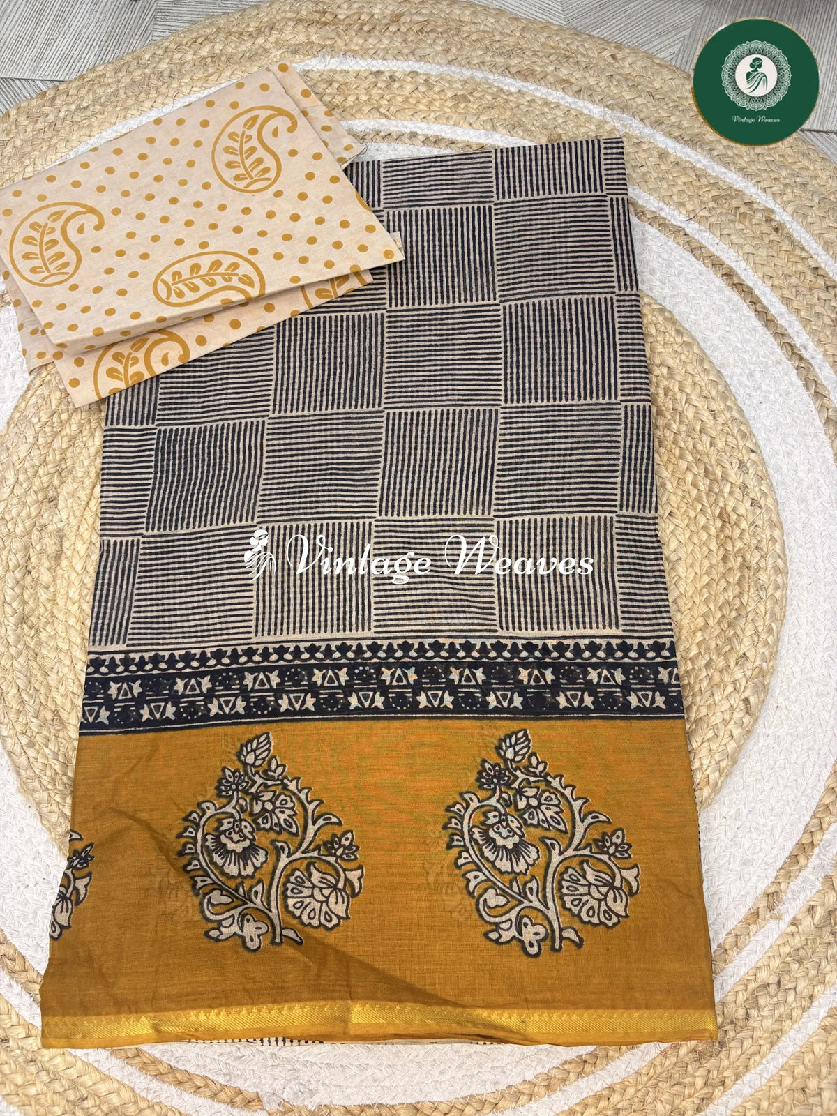 Square Printed Cotton Saree-Yellow