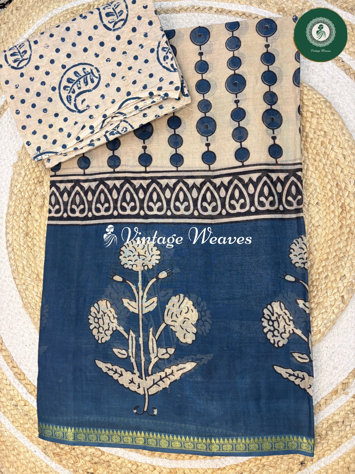 Printed Cotton Saree With Flower Border-Blue