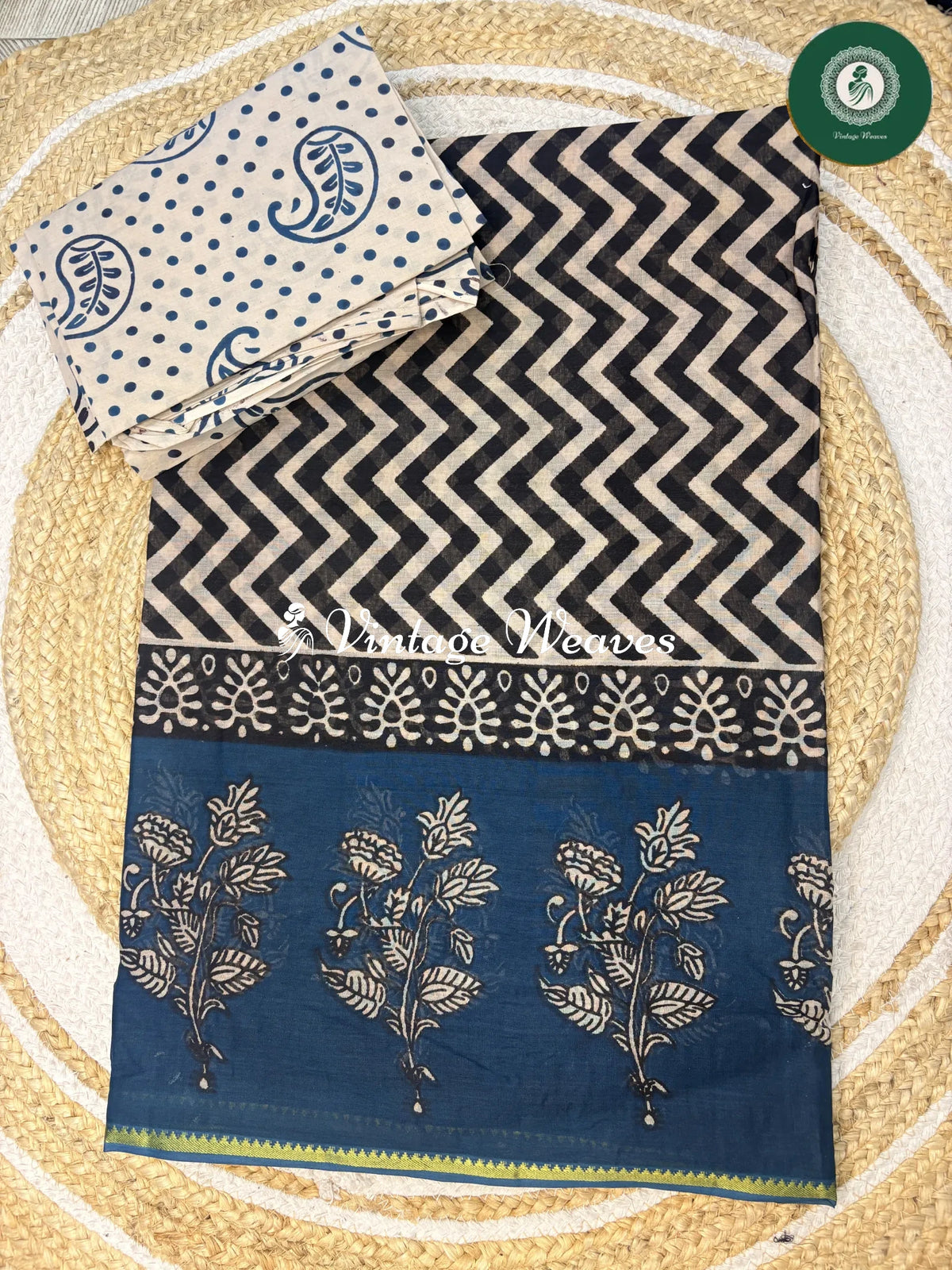 ZigZag Printed Cotton Saree-Blue