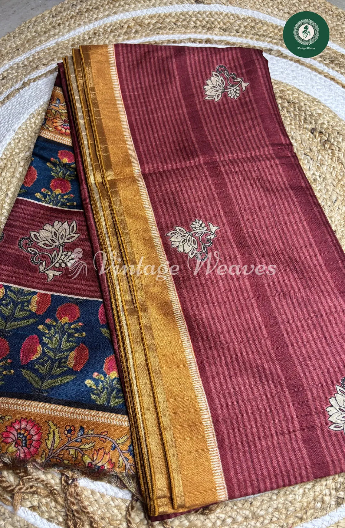 Baswada Cotton Saree with floral print- Burgandy with Gold