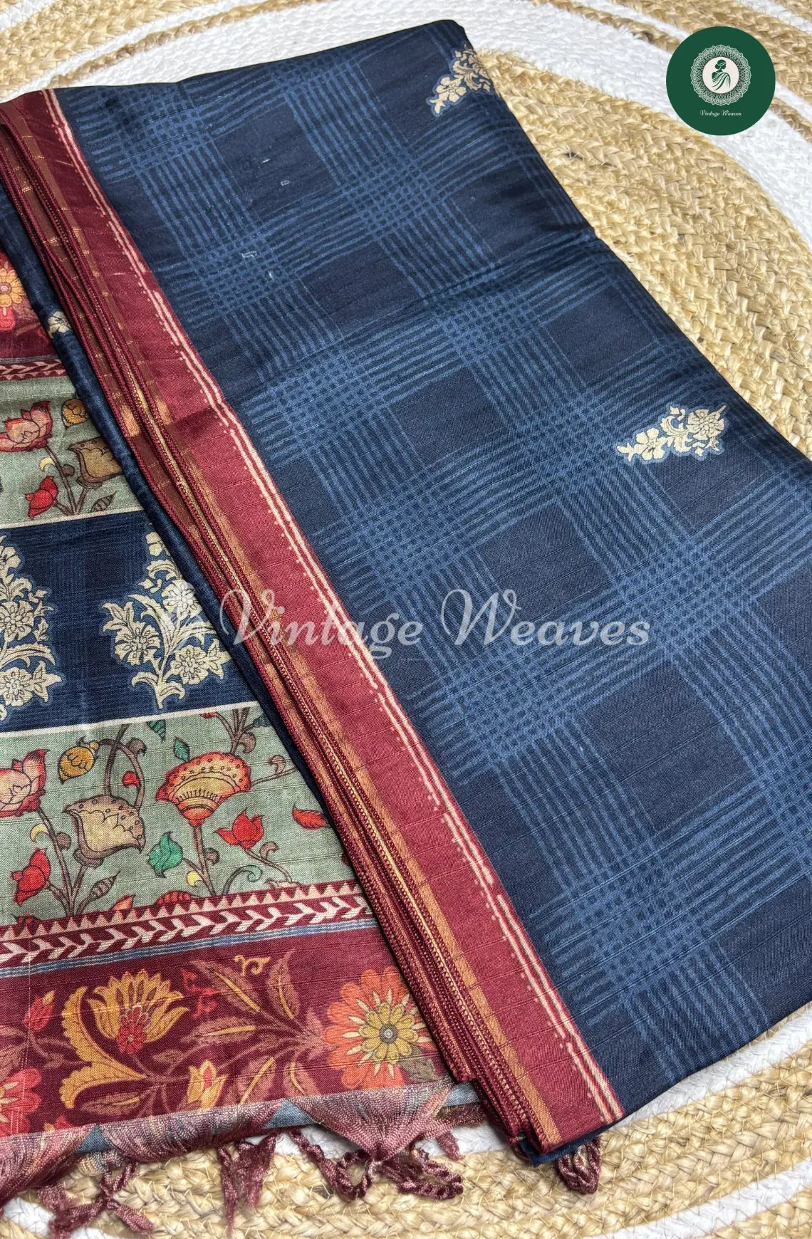 Baswada Cotton Saree with floral print-Navy Blue and Brown_