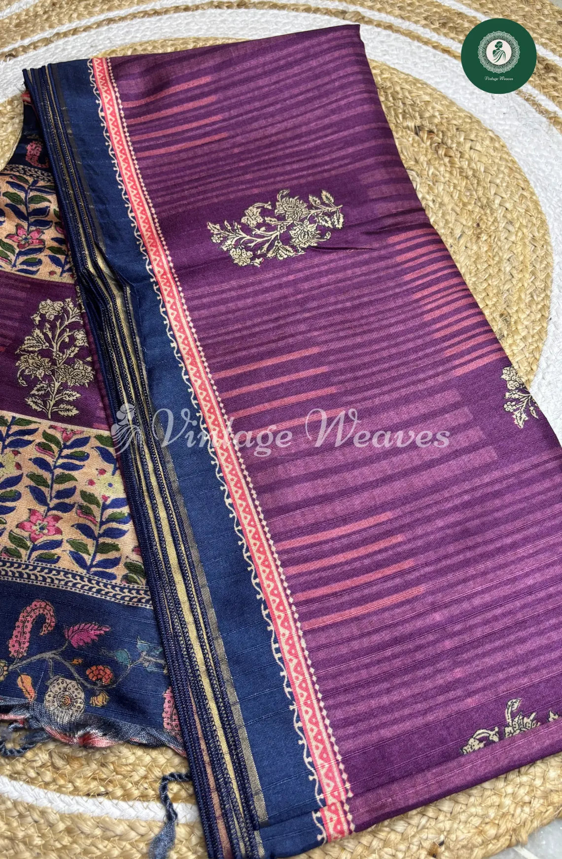 Baswada Cotton Saree with floral print-Purple with NavyBlue