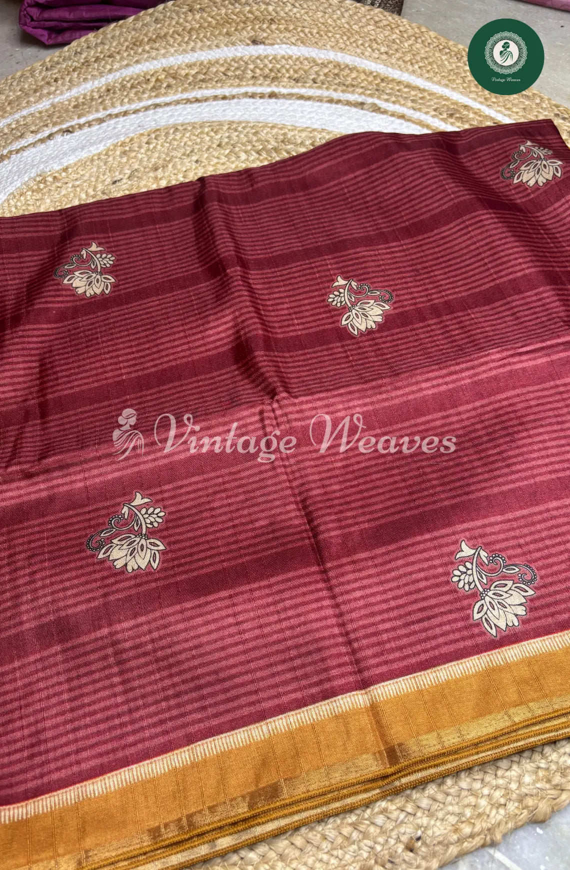 Baswada Cotton Saree with floral print- Burgandy with Gold