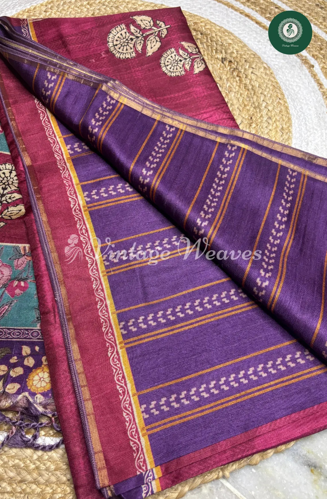 Baswada Cotton Saree with floral print-Darkpink with Purple