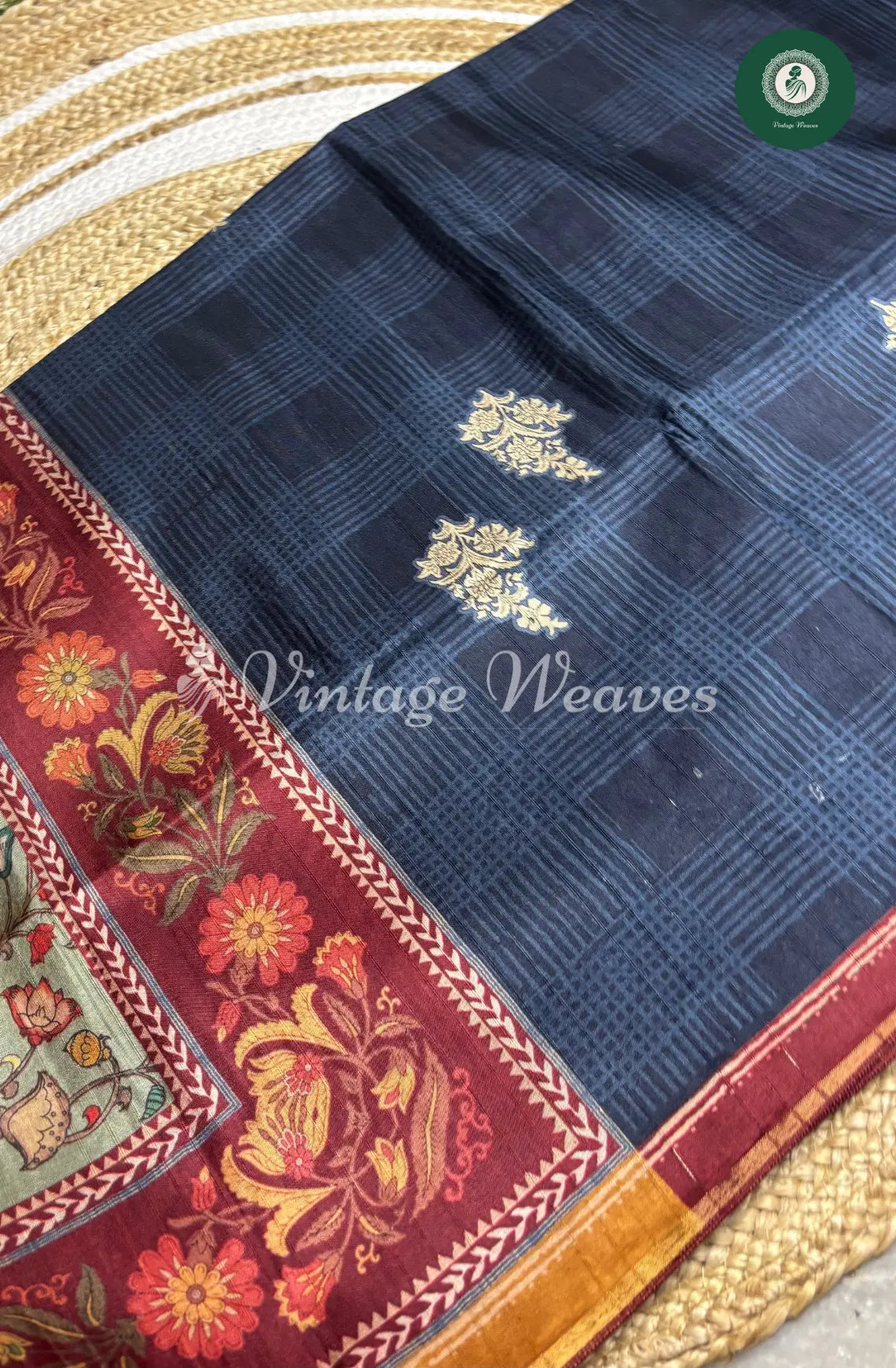 Baswada Cotton Saree with floral print-Navy Blue and Brown_