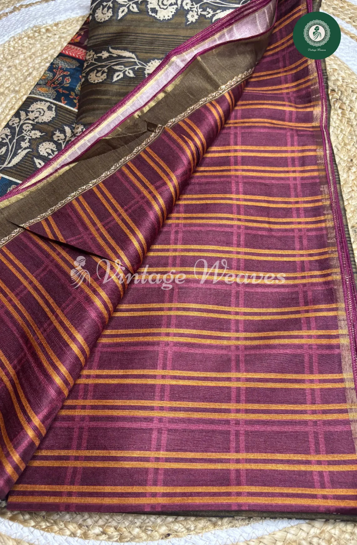 Baswada Cotton Saree with floral print-OliveGreen with Wine