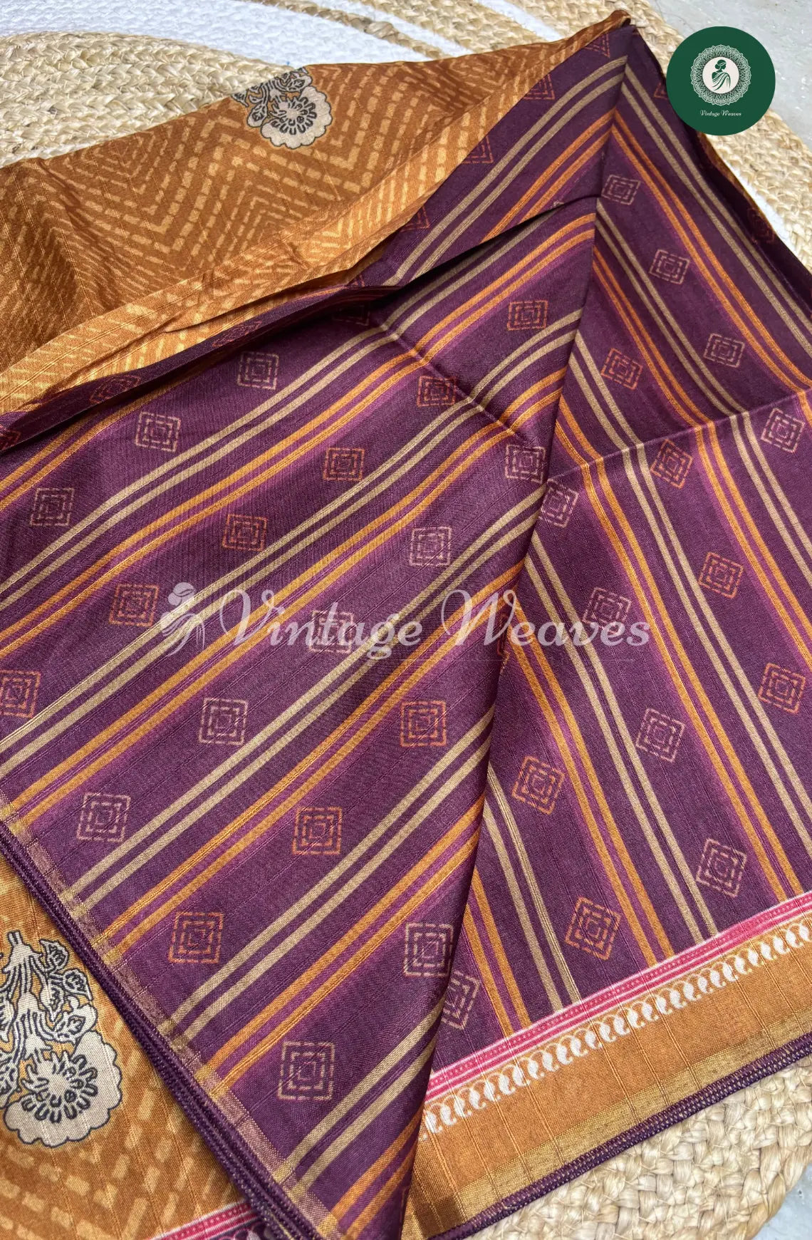 Baswada Cotton Saree with floral print-Yellow with Brown