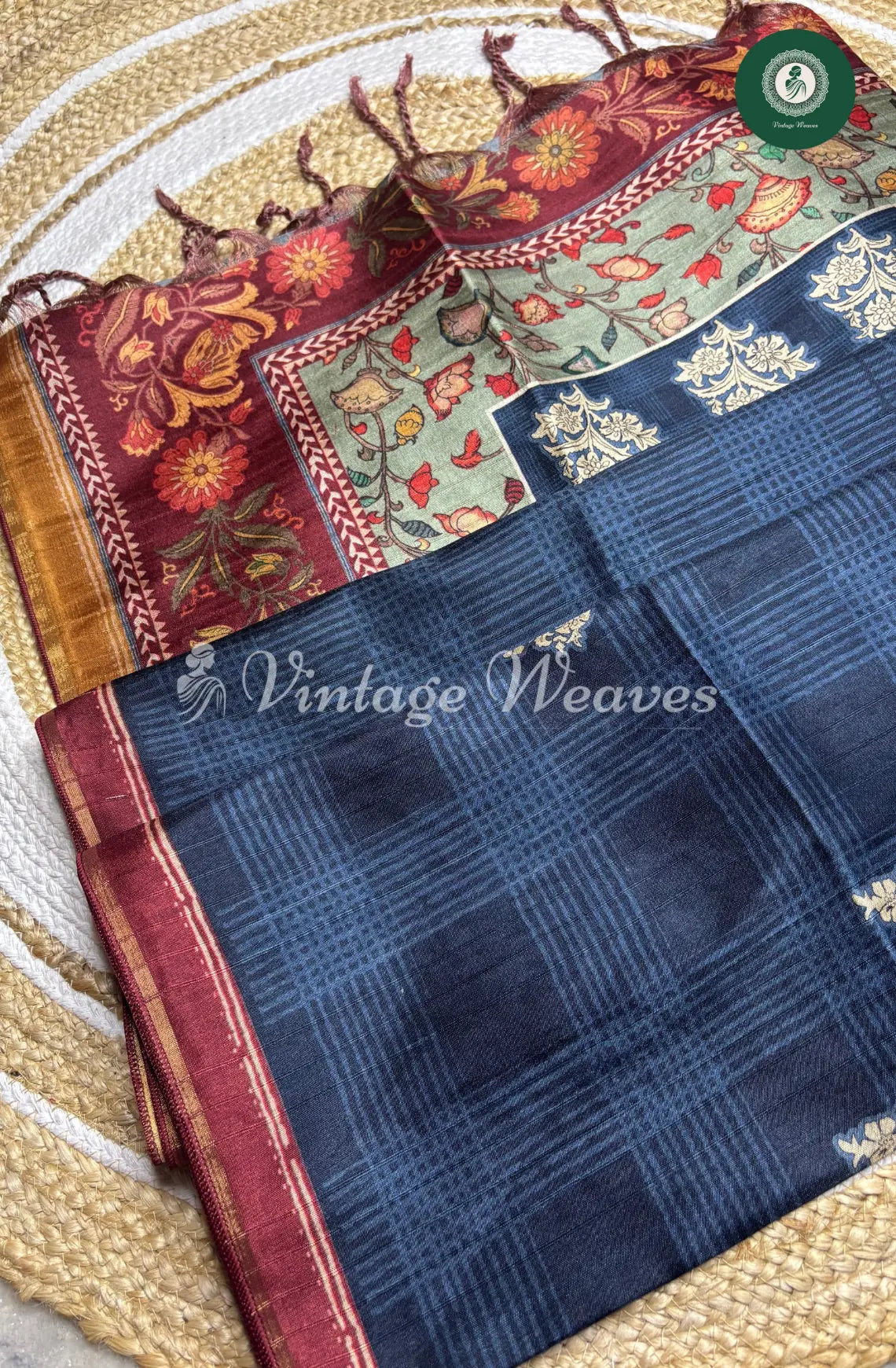 Baswada Cotton Saree with floral print-Navy Blue and Brown_