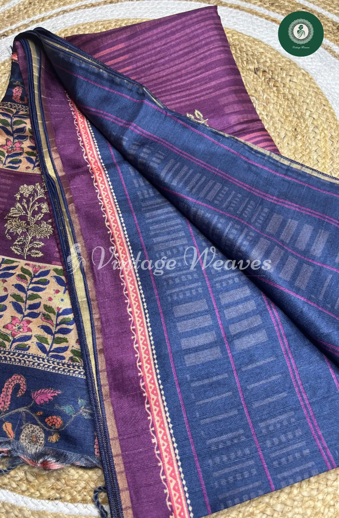 Baswada Cotton Saree with floral print-Purple with NavyBlue