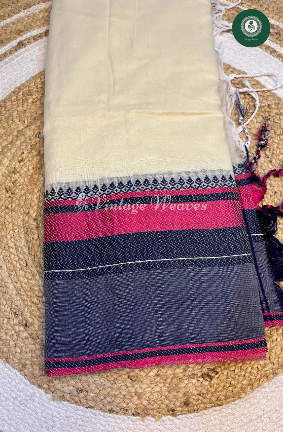Bengal HandWoven Cotton Saree-White with Grey
