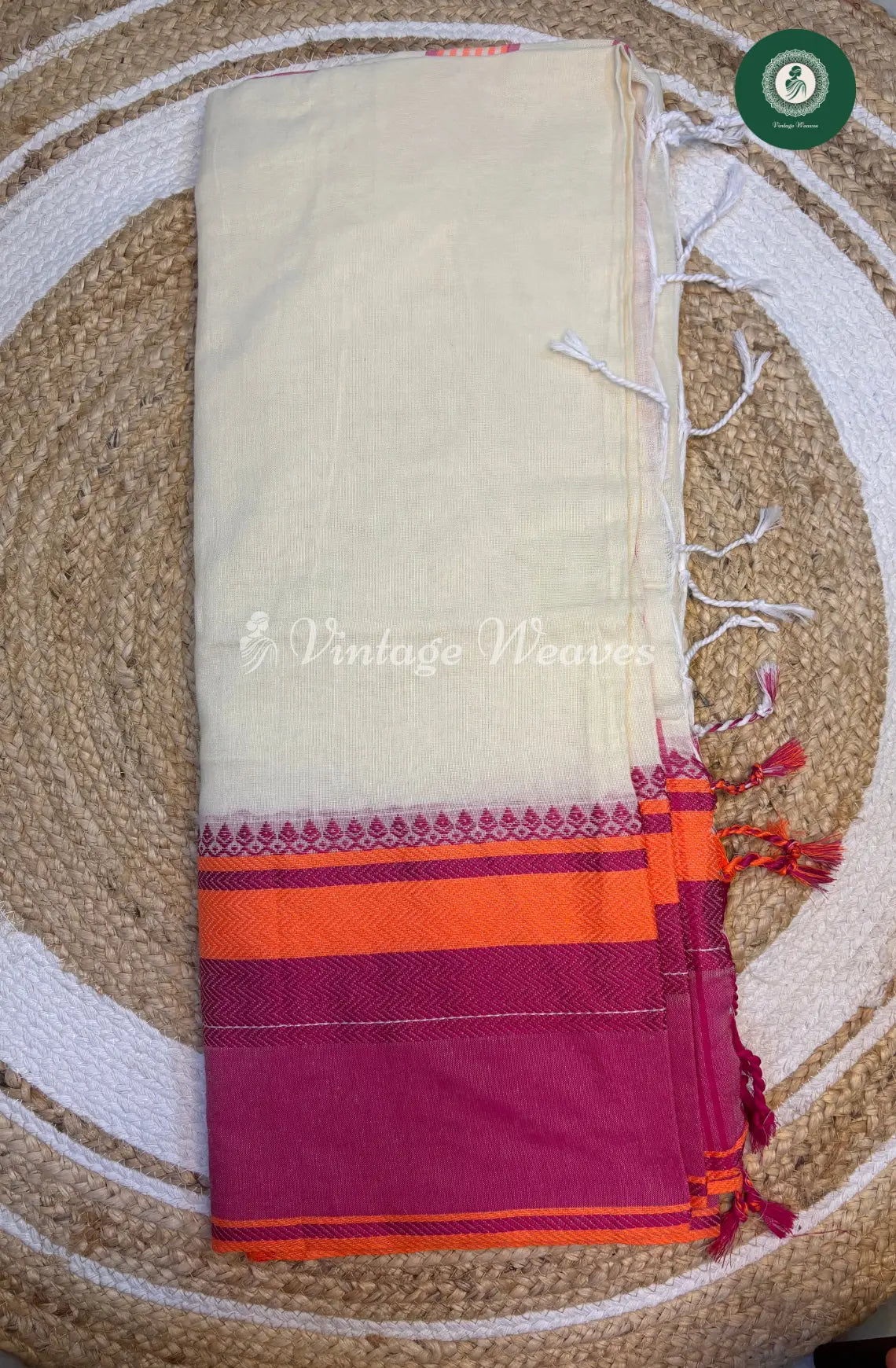 Bengal HandWoven Cotton Saree-White with Pink