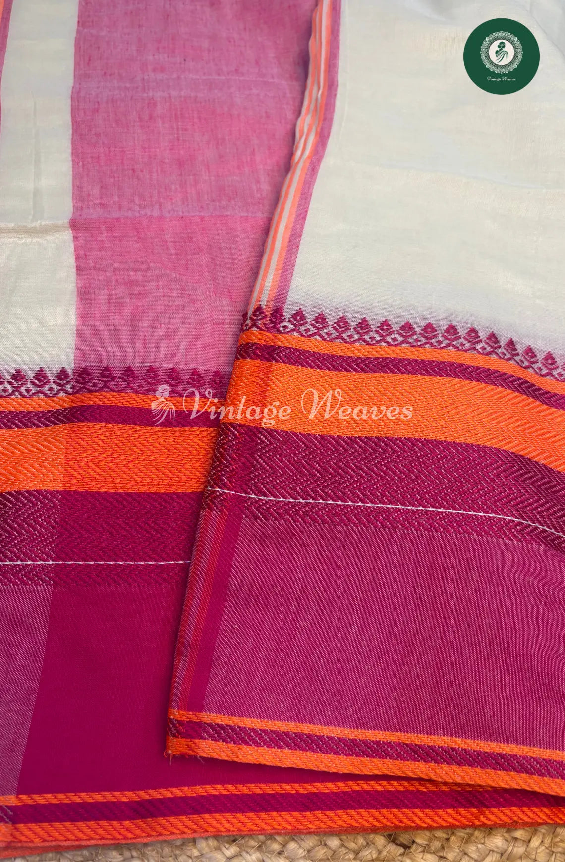 Bengal HandWoven Cotton Saree-White with Pink