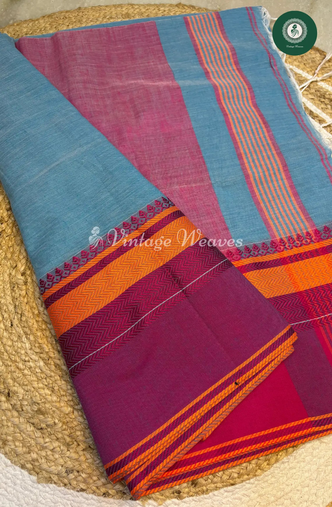 Bengal HandWoven Cotton Saree-Lightblue