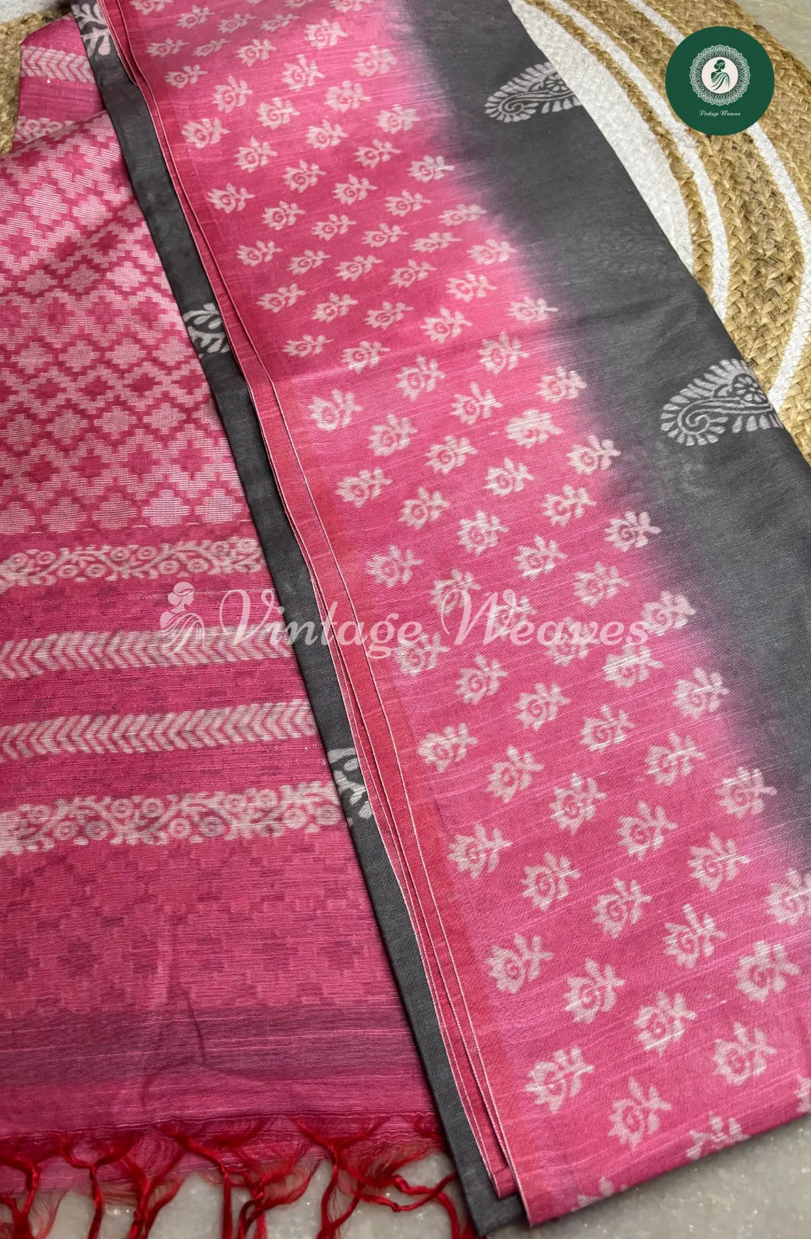 Bhagalpuri Linen Cotton saree -Black With Pink