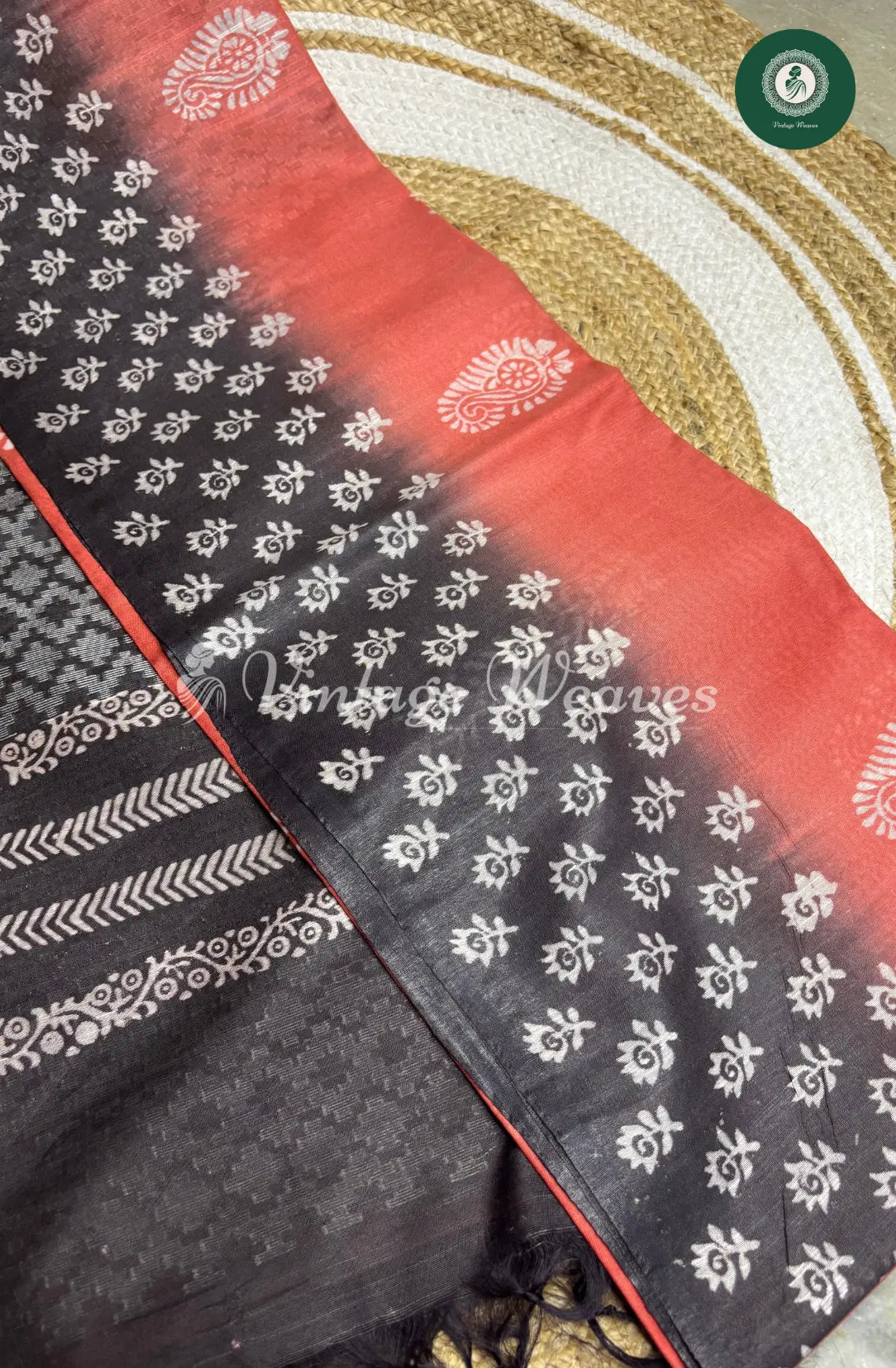 Bhagalpuri Linen Cotton saree -Cherry Red With Black
