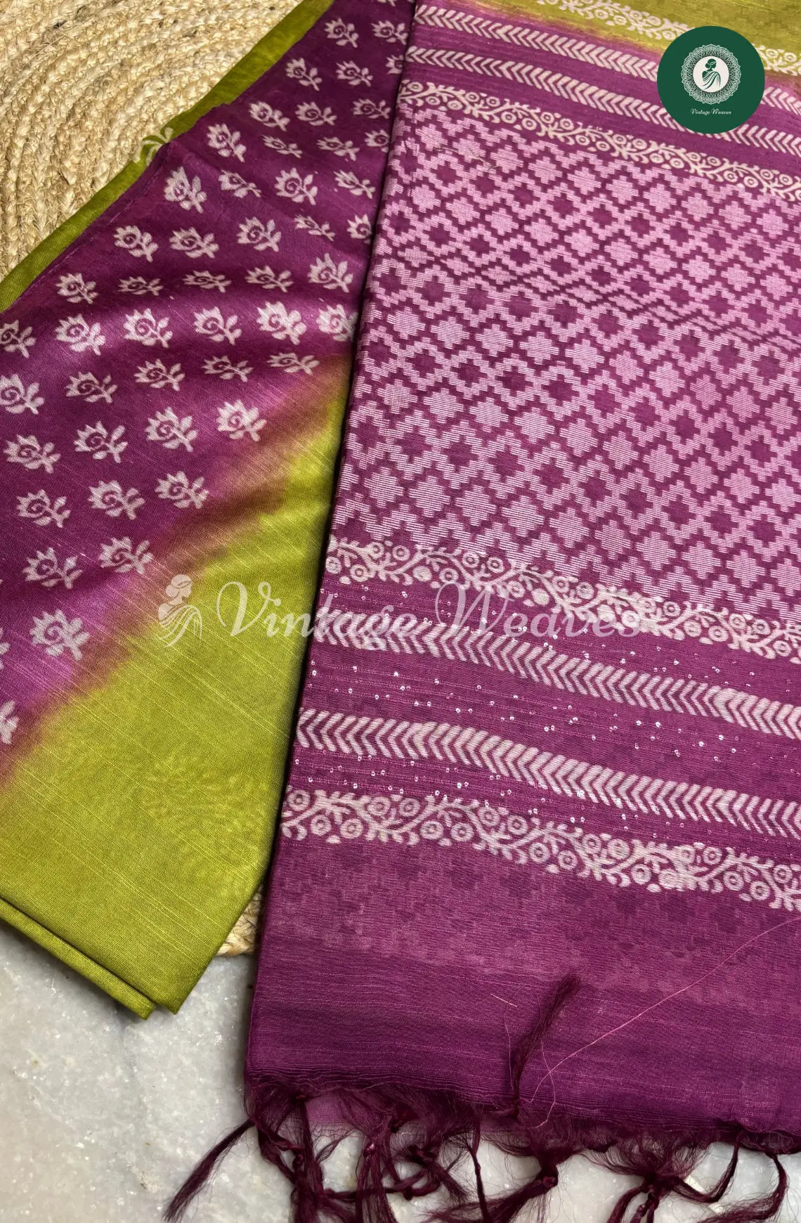 Bhagalpuri Linen Cotton saree -Green With Purple