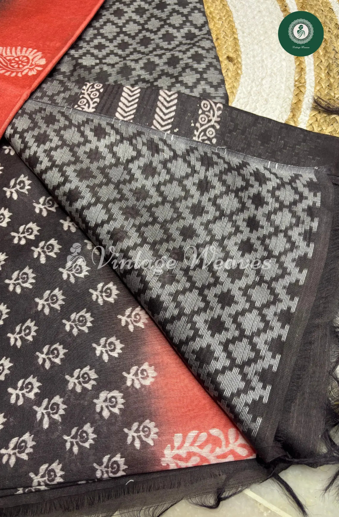 Bhagalpuri Linen Cotton saree -Cherry Red With Black