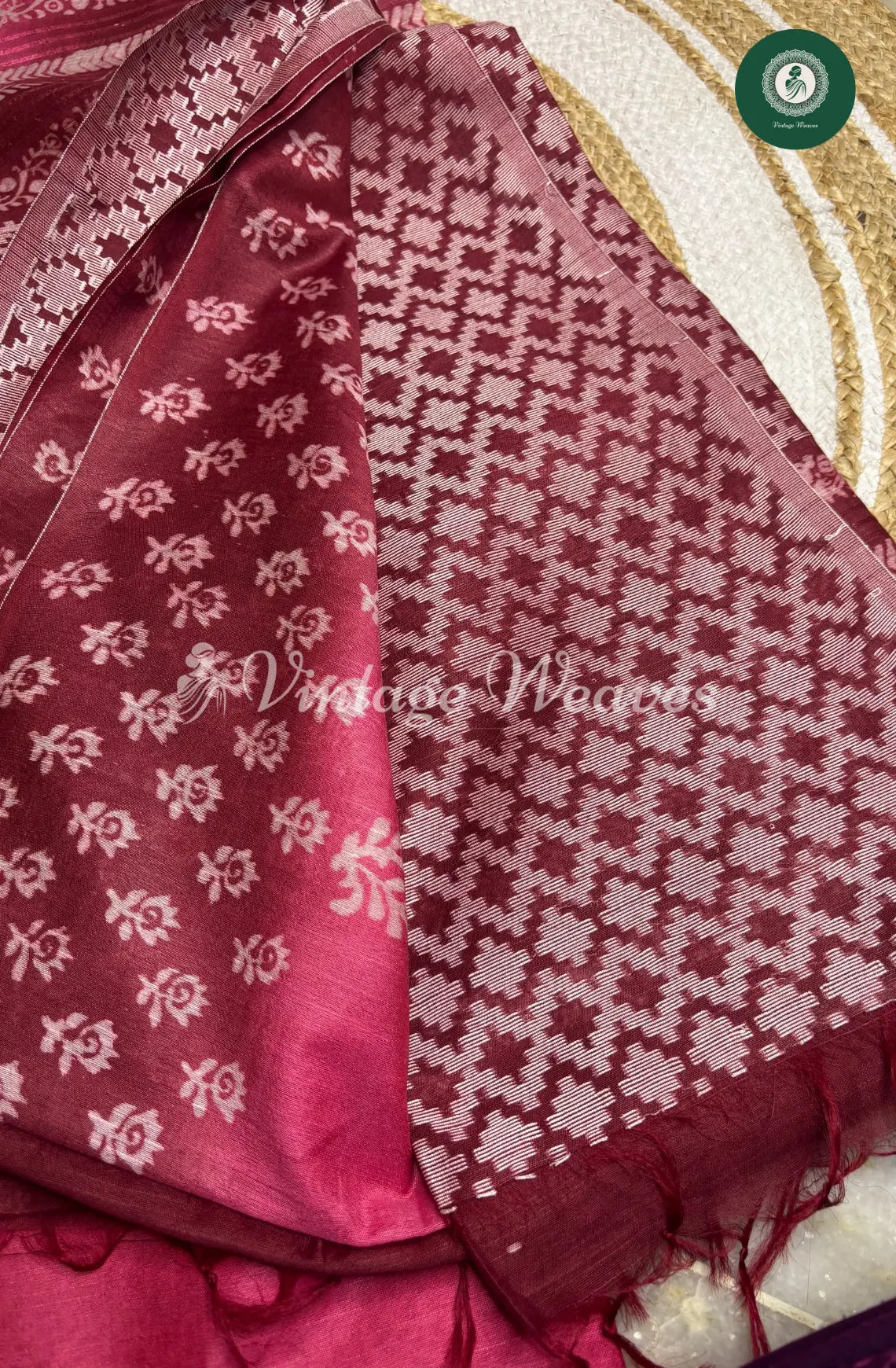 Bhagalpuri Linen Cotton saree -Dark Pink With Maroon