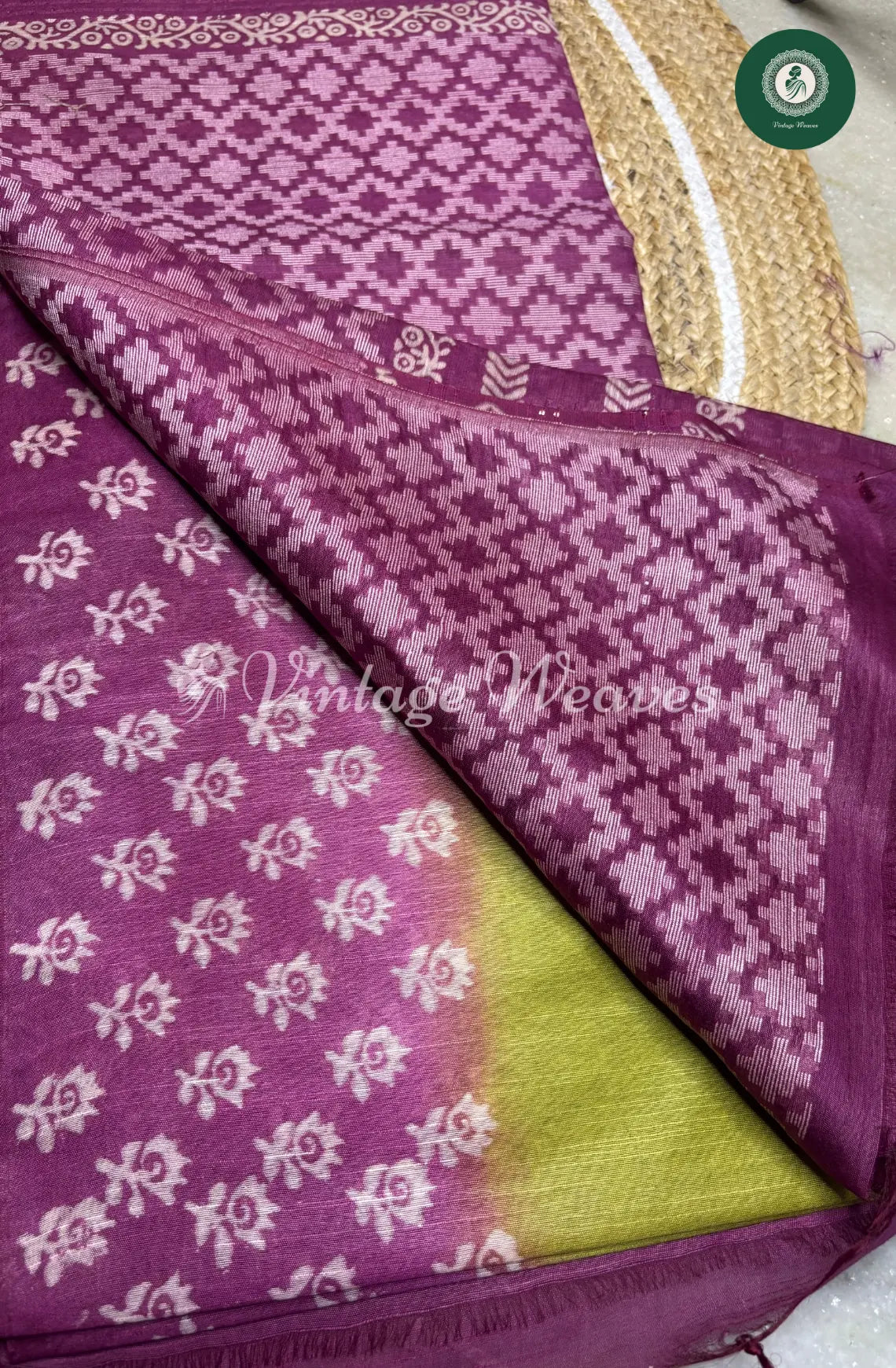 Bhagalpuri Linen Cotton saree -Green With Purple