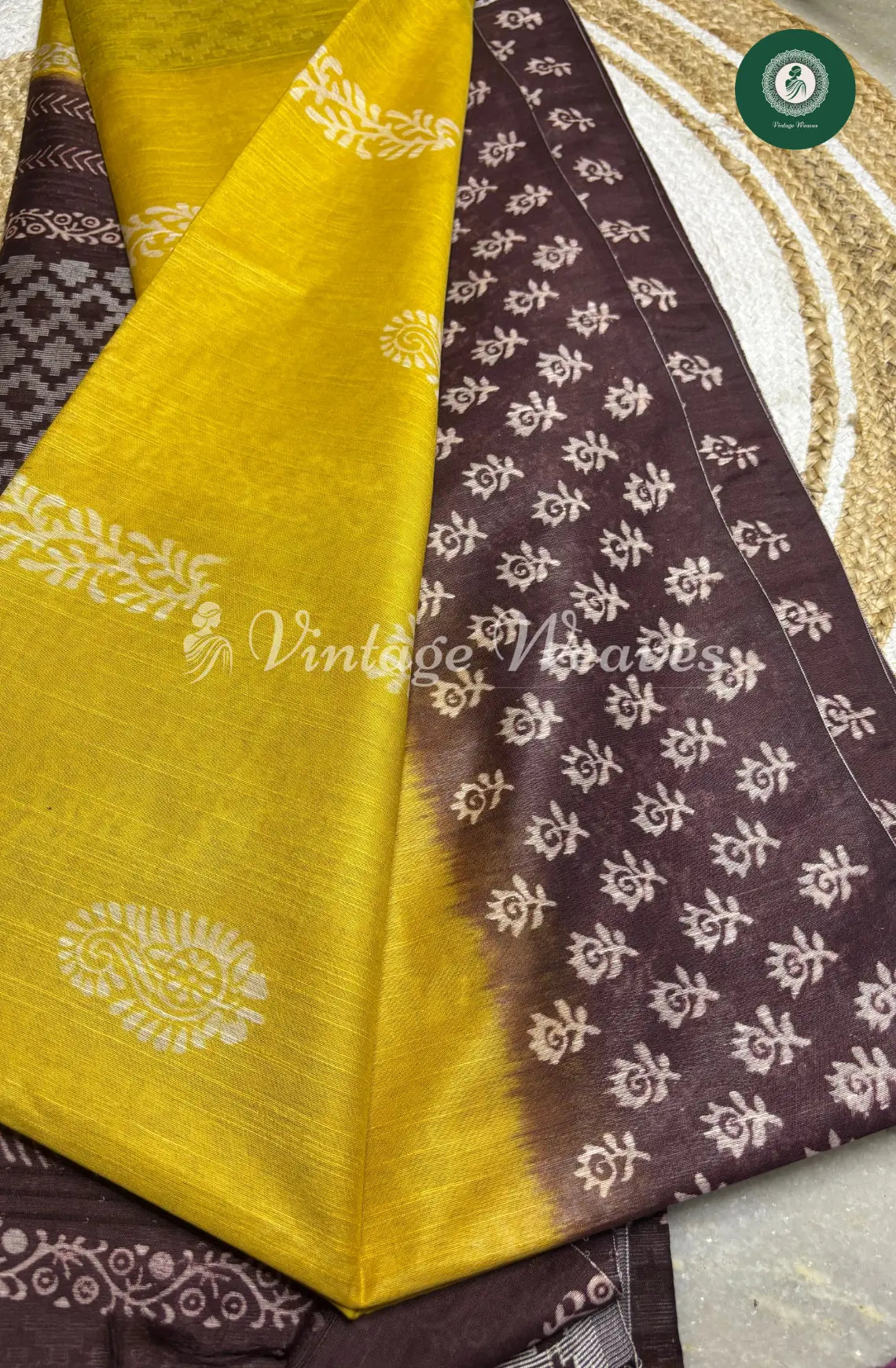 Bhagalpuri Linen cotton saree- Yellow with Brown