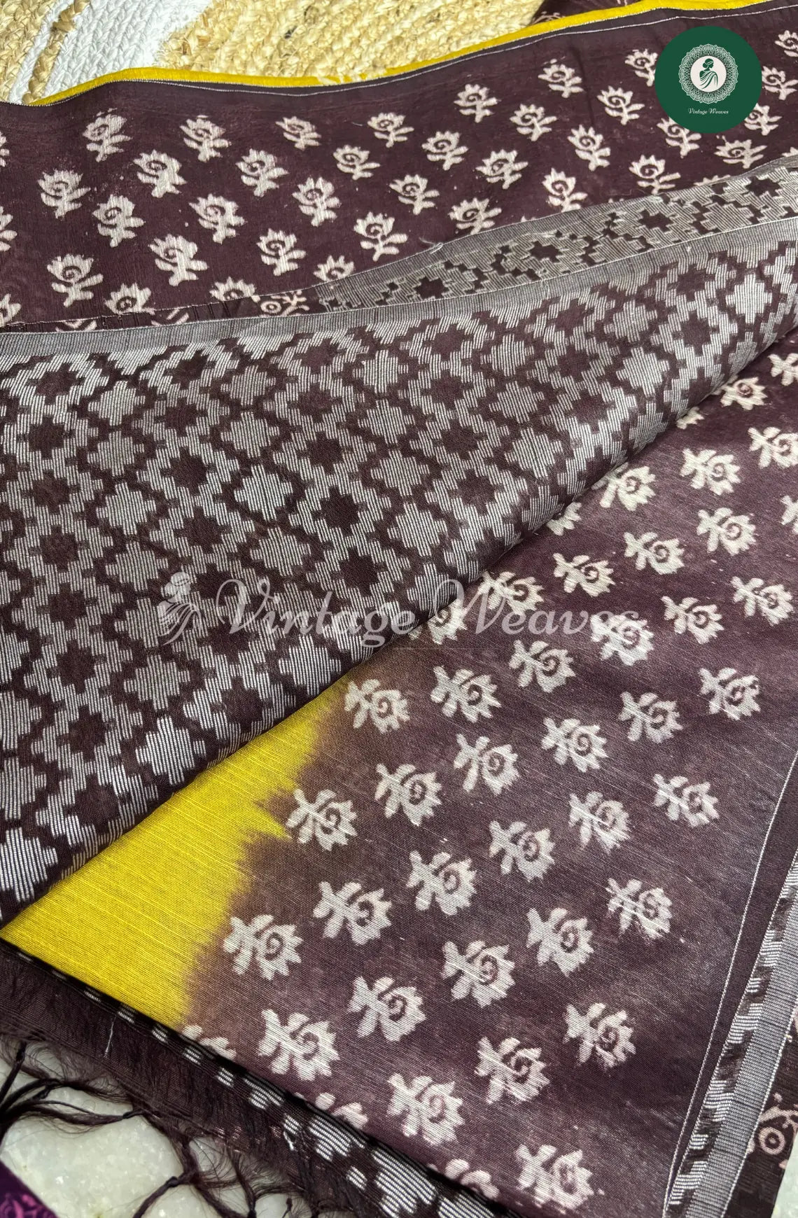 Bhagalpuri Linen cotton saree- Yellow with Brown