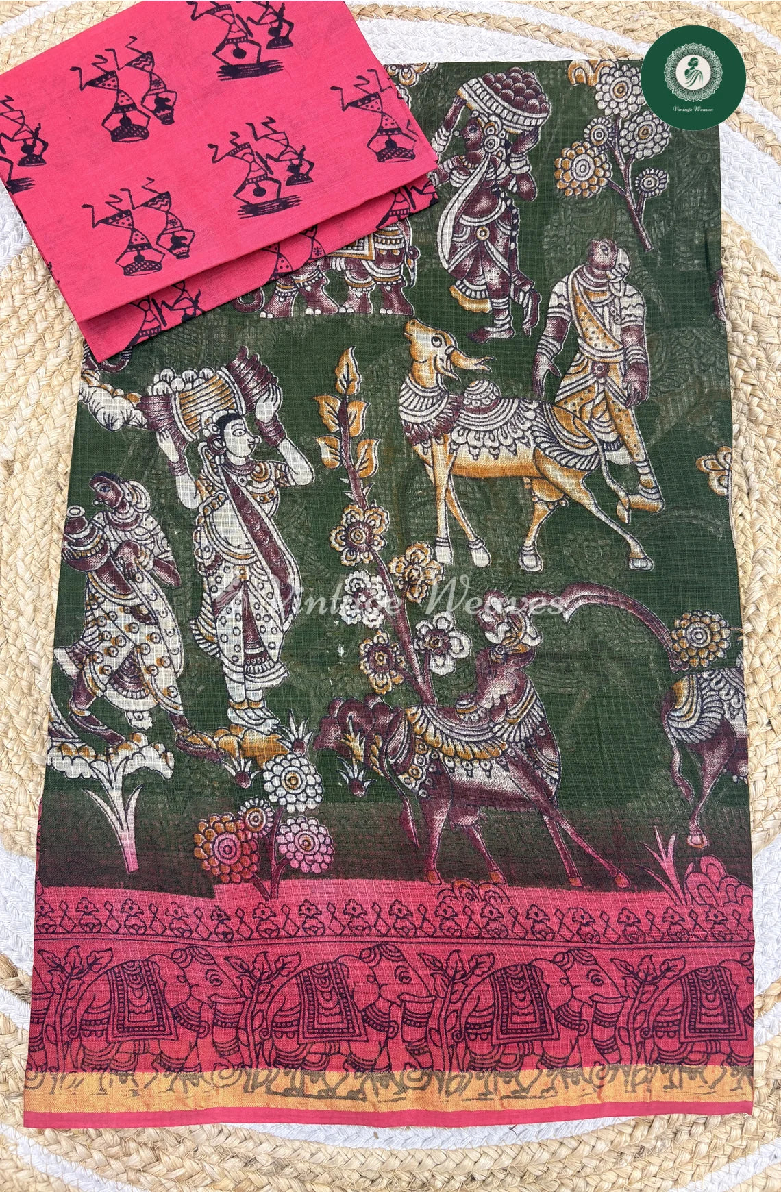 Budget Kota Cotton Saree Artisans-Green with Pink