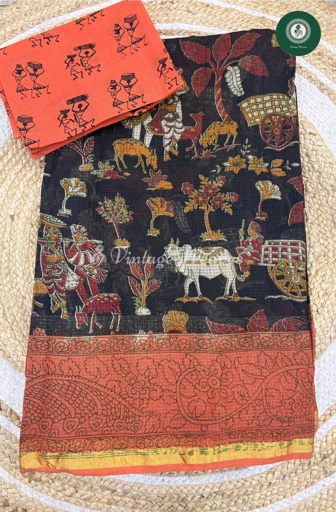 Budget Kota Cotton Saree Cow-Black With Orange