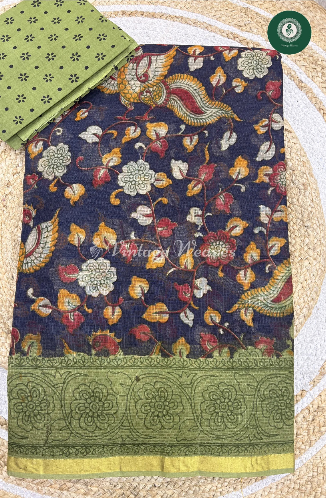 Budget Kota Cotton Saree Leaf-BluewithGreen