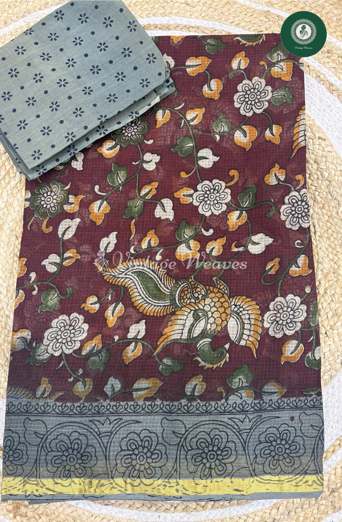 Budget Kota Cotton Saree Leaf-Marron with Grey