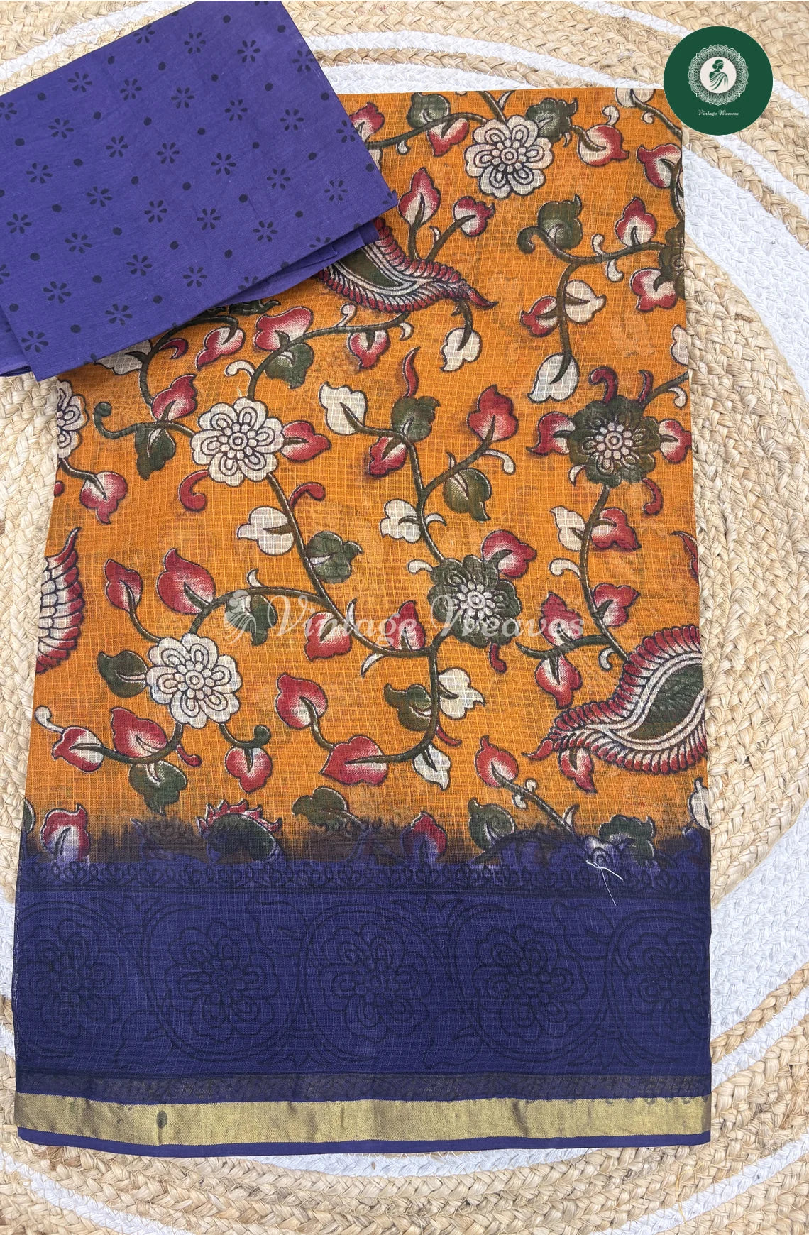 Budget Kota Cotton Saree Leaf-Yellow with Blue