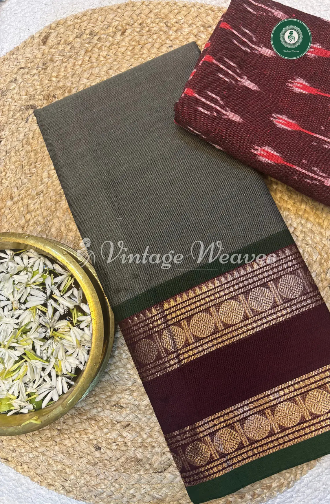 Chettinad cotton saree-Grey with marron