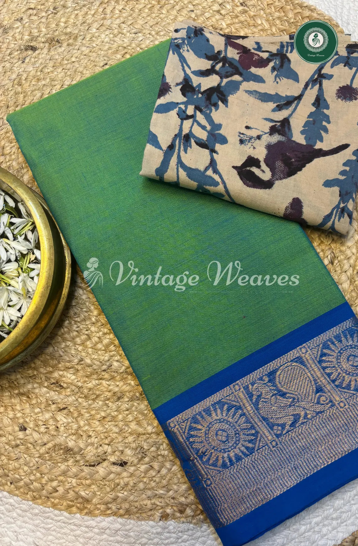 Chettinad cotton saree-SeaGreen with Blue