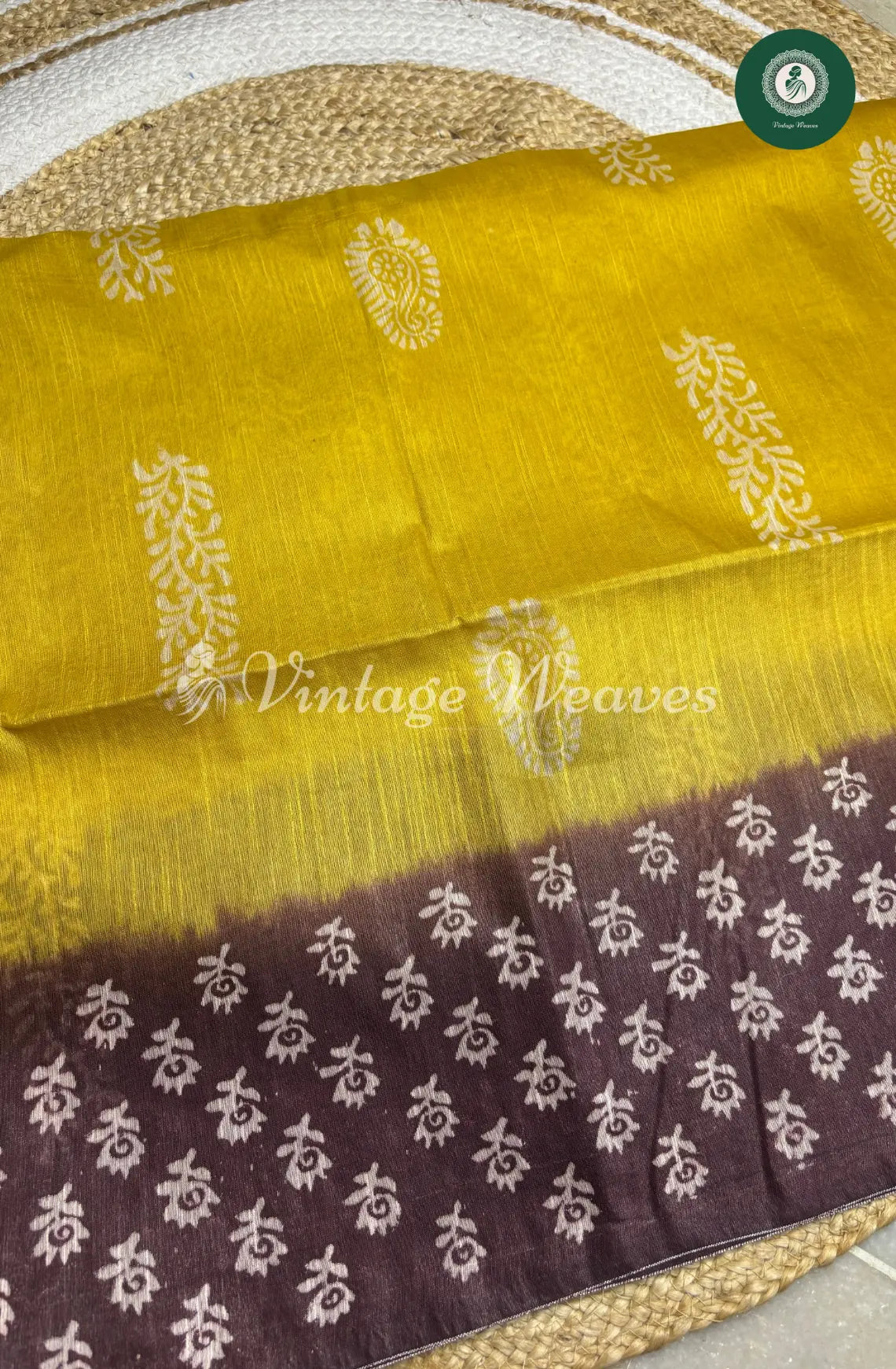 Bhagalpuri Linen cotton saree- Yellow with Brown