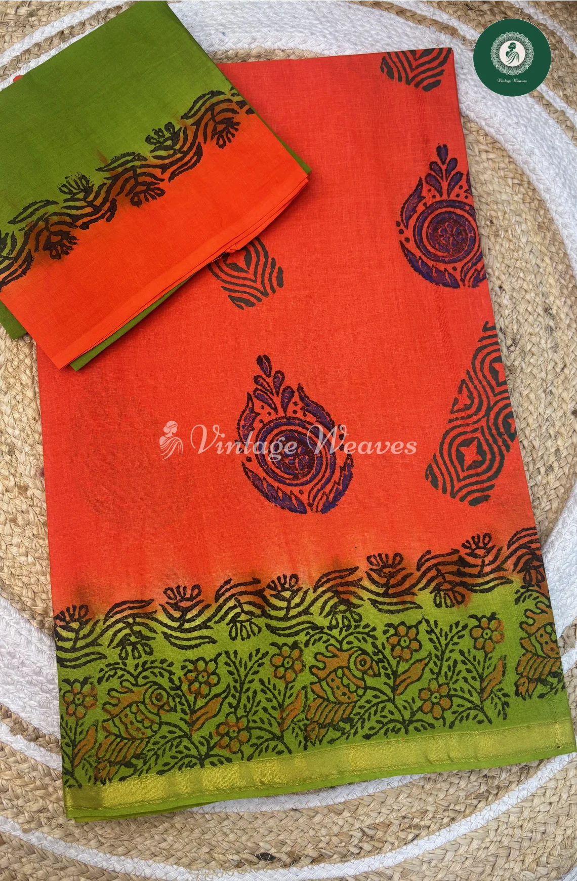 CottonSaree With HandPrintedBody-OrangeWithGreen