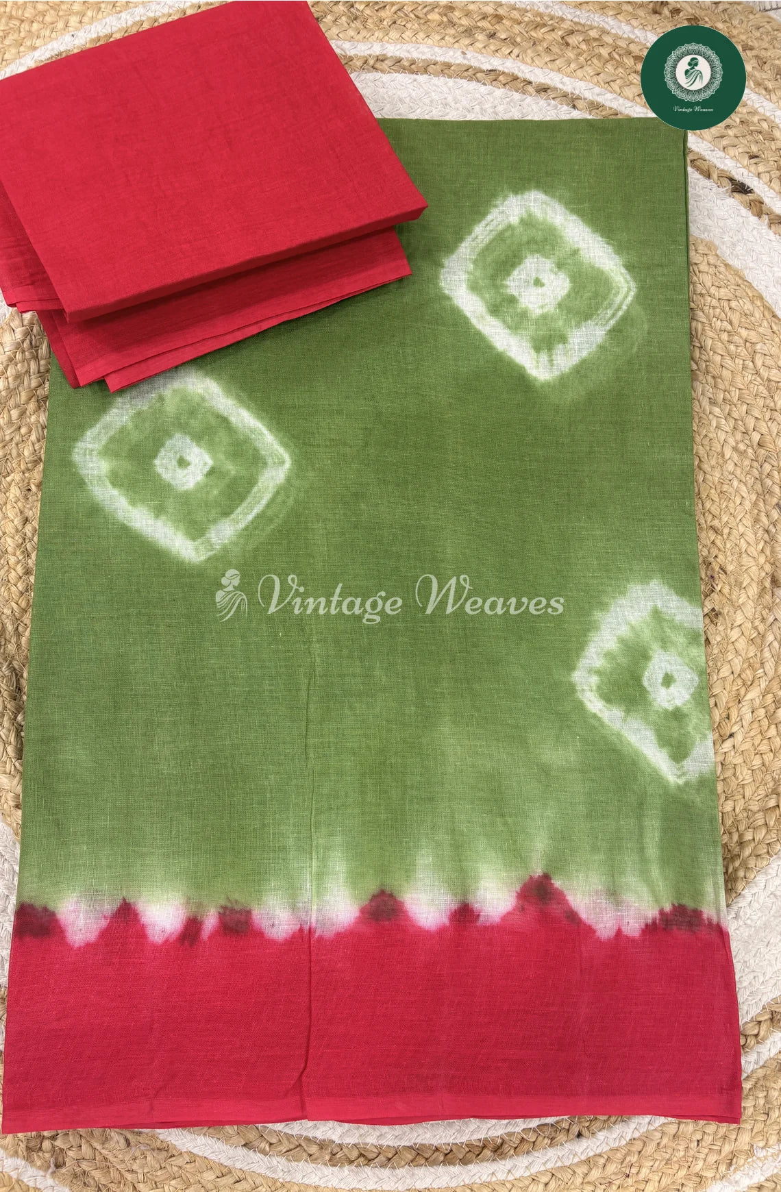 Daily Wear Cotton Saree -GreenwithRed
