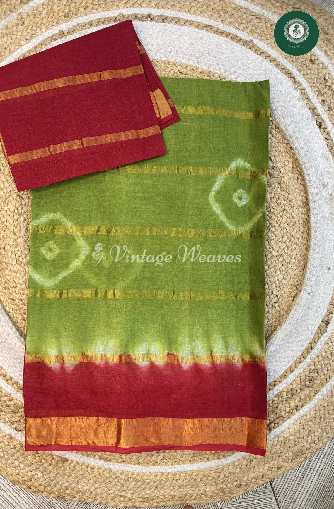 Daily Wear Cotton Saree-Green with Red