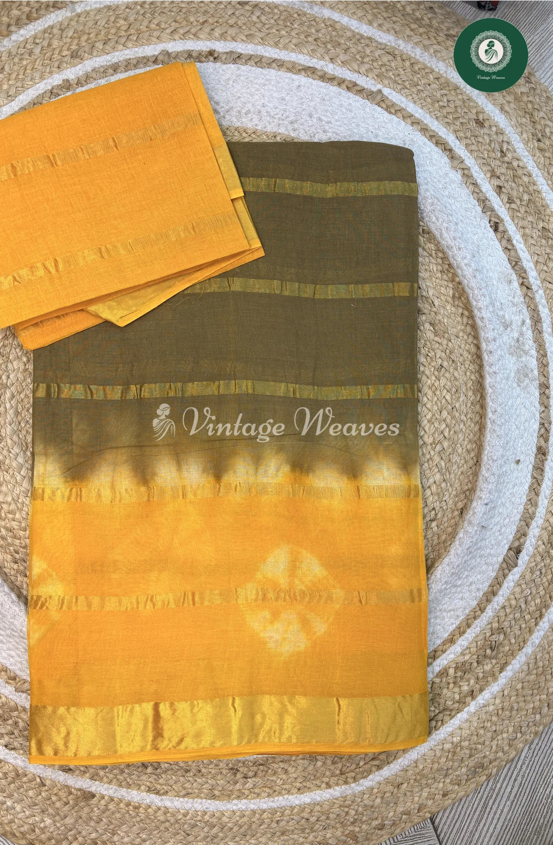 Daily Wear Cotton Saree-OliveGreen with Yellow