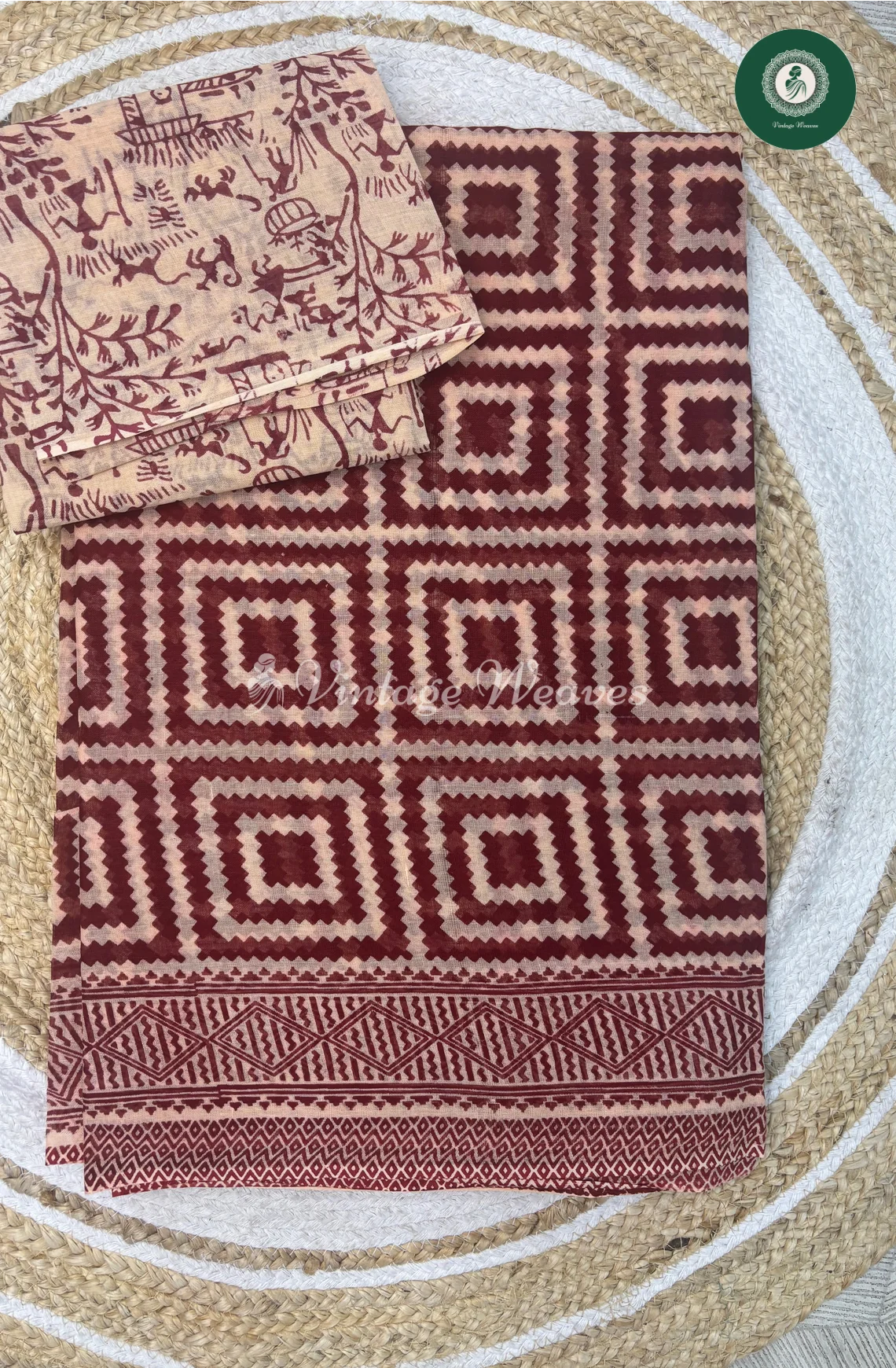 Daily Wear Cotton Saree SquarePrint-Marron