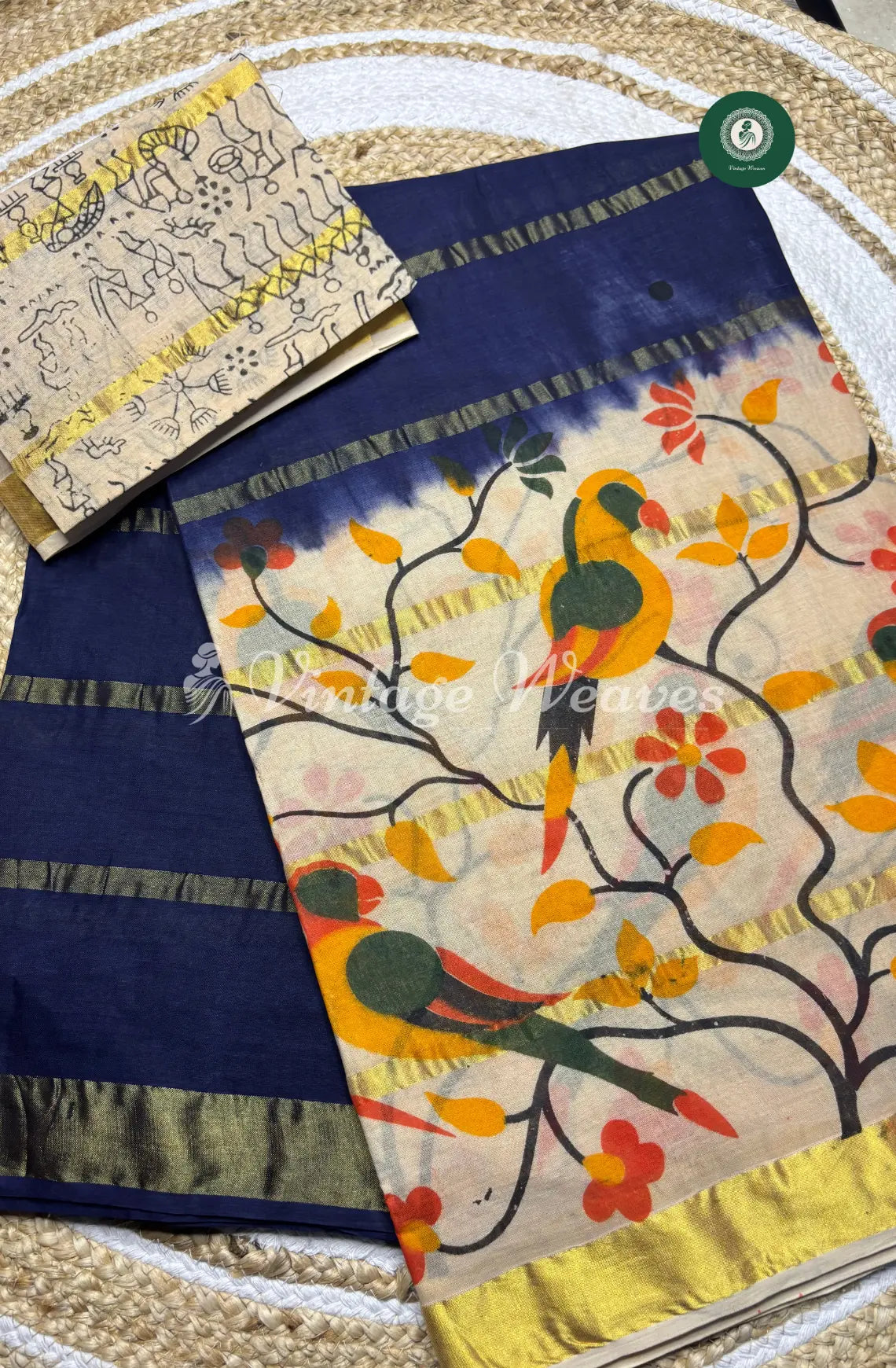 DailyWear Cotton Saree With Bird Motif-Blue
