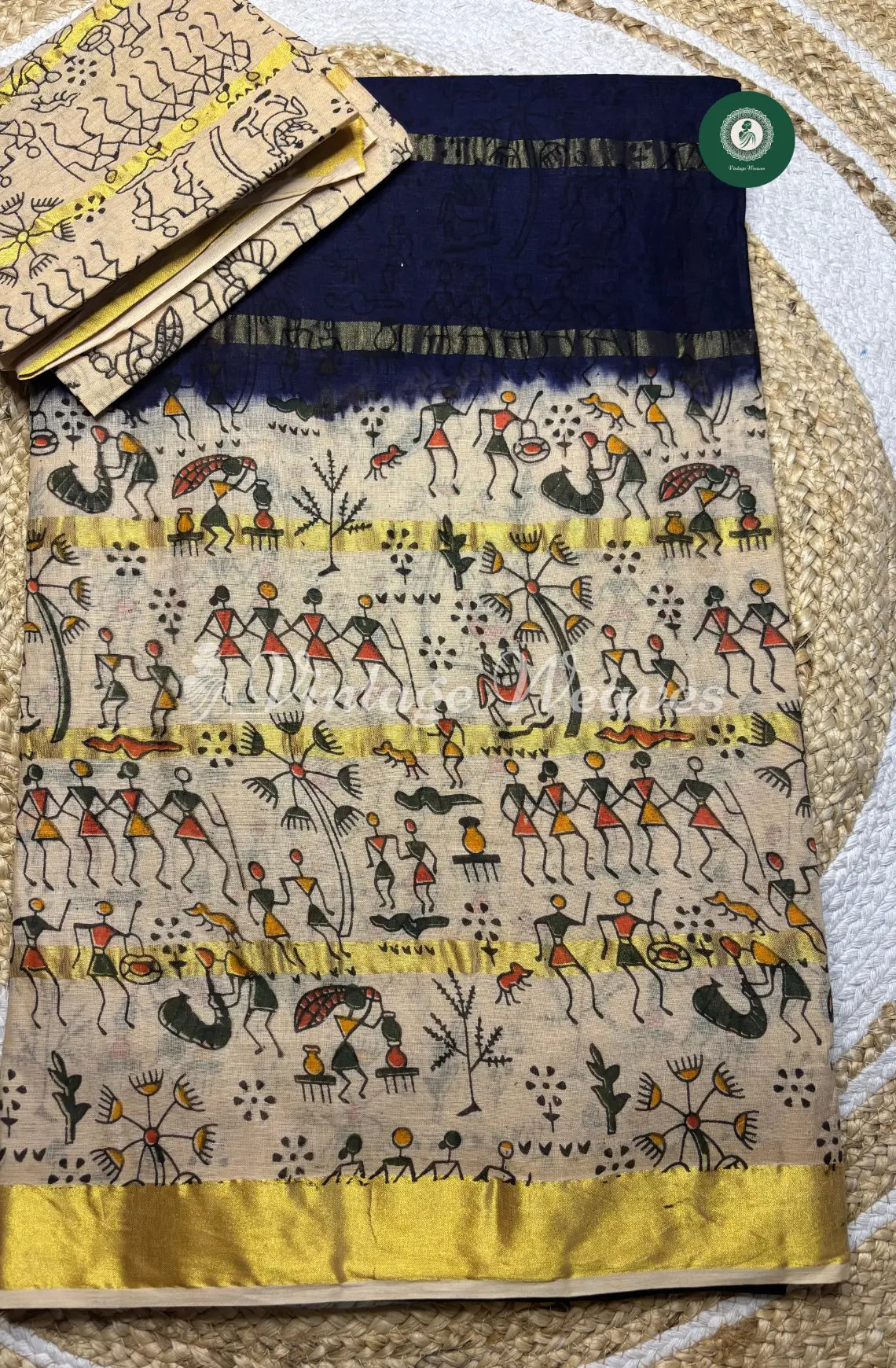 Daily Wear Cotton Saree with Kalamkari Border-Blue