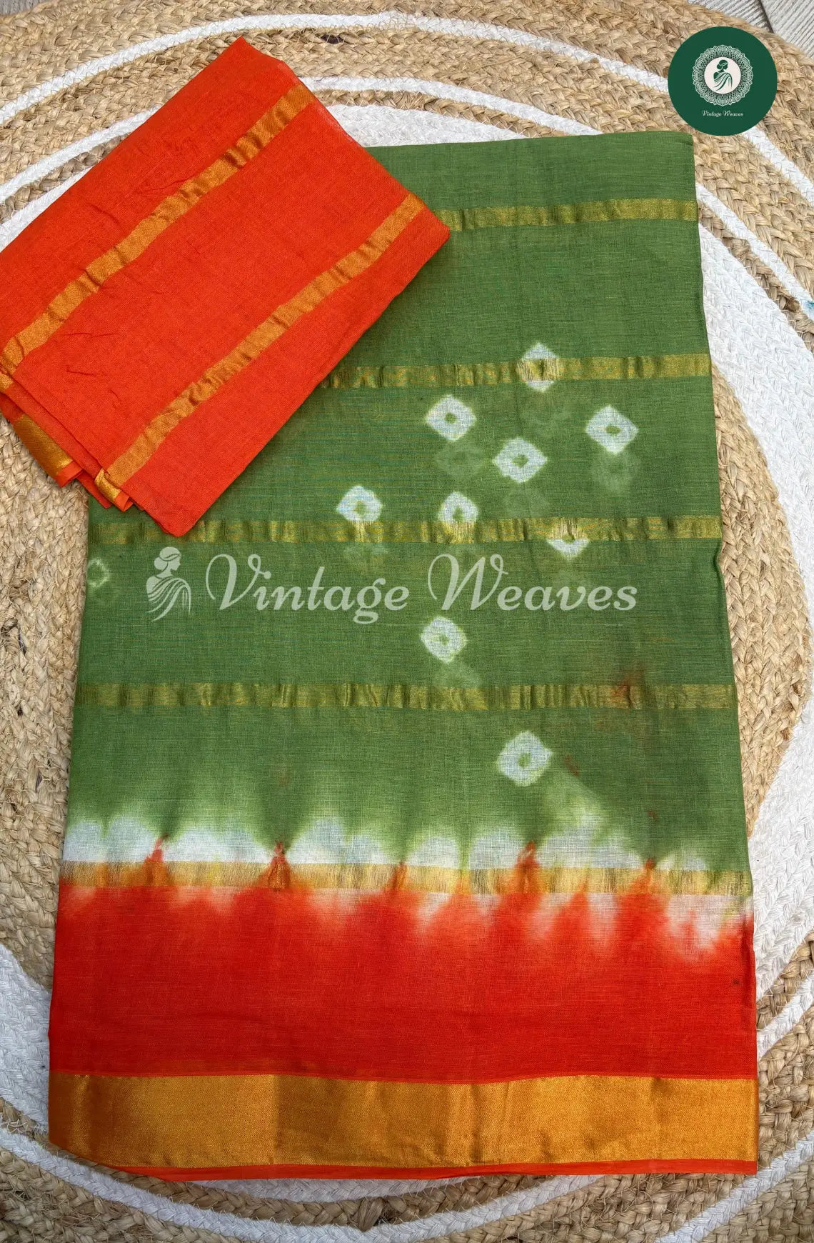 DailywearCotton Allover BandhiniprintSaree-Green with Orange