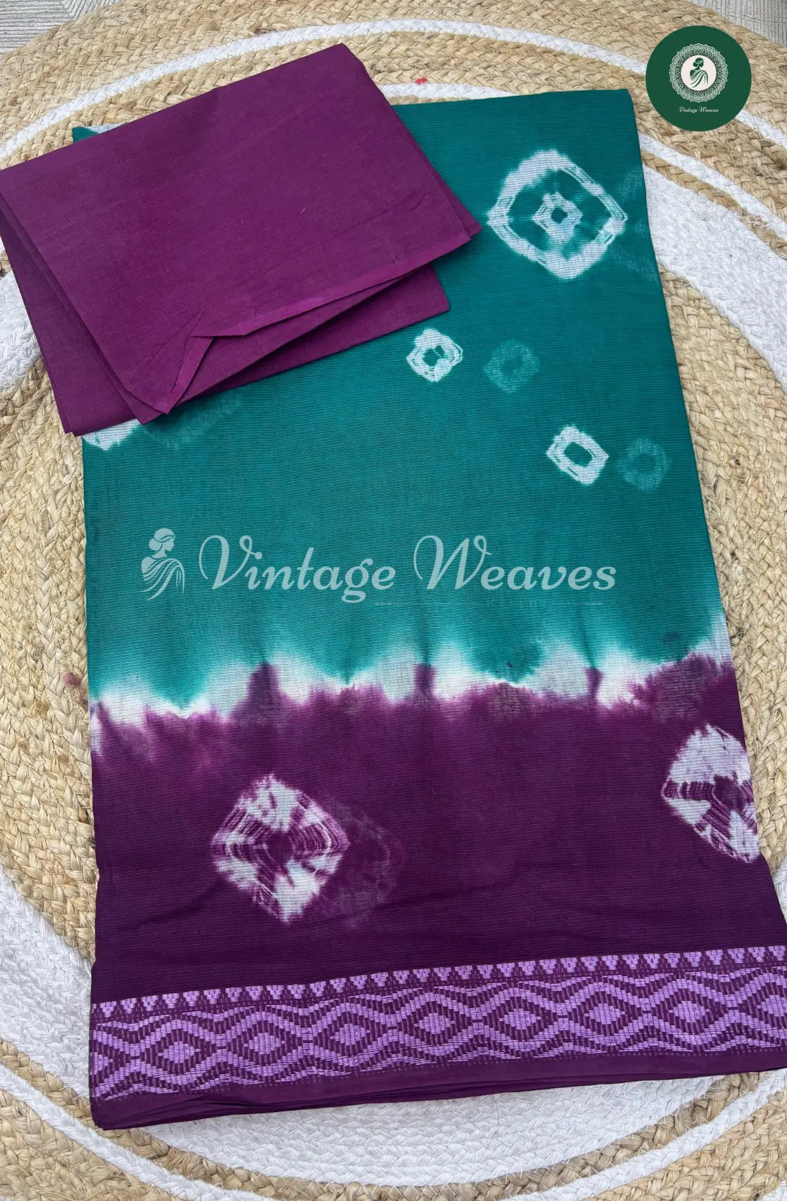 Dailywear Cotton Saree-SeaGreen with Purple