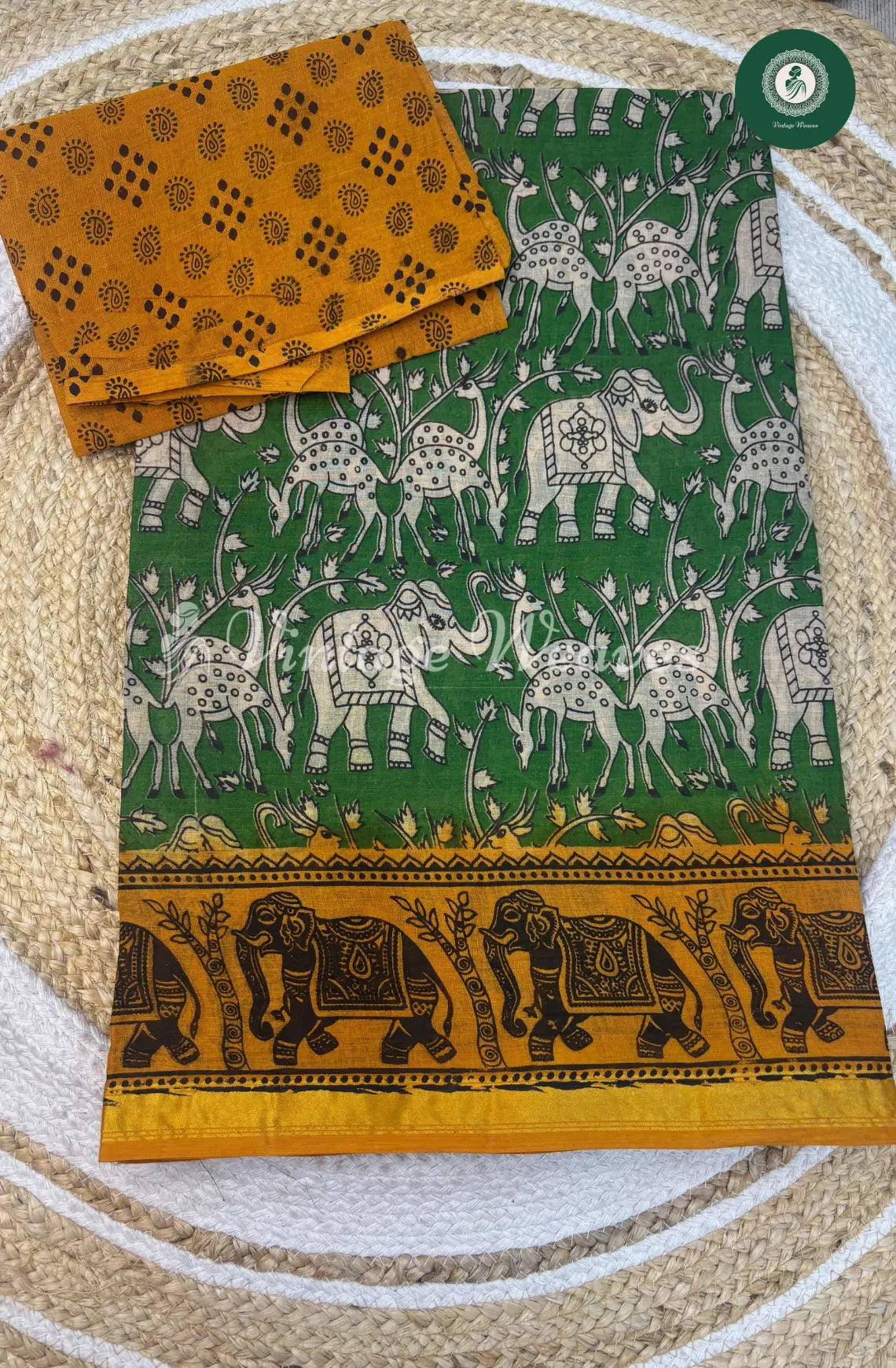 Dailywear Cotton Saree Elephant Print-Green with Yellow