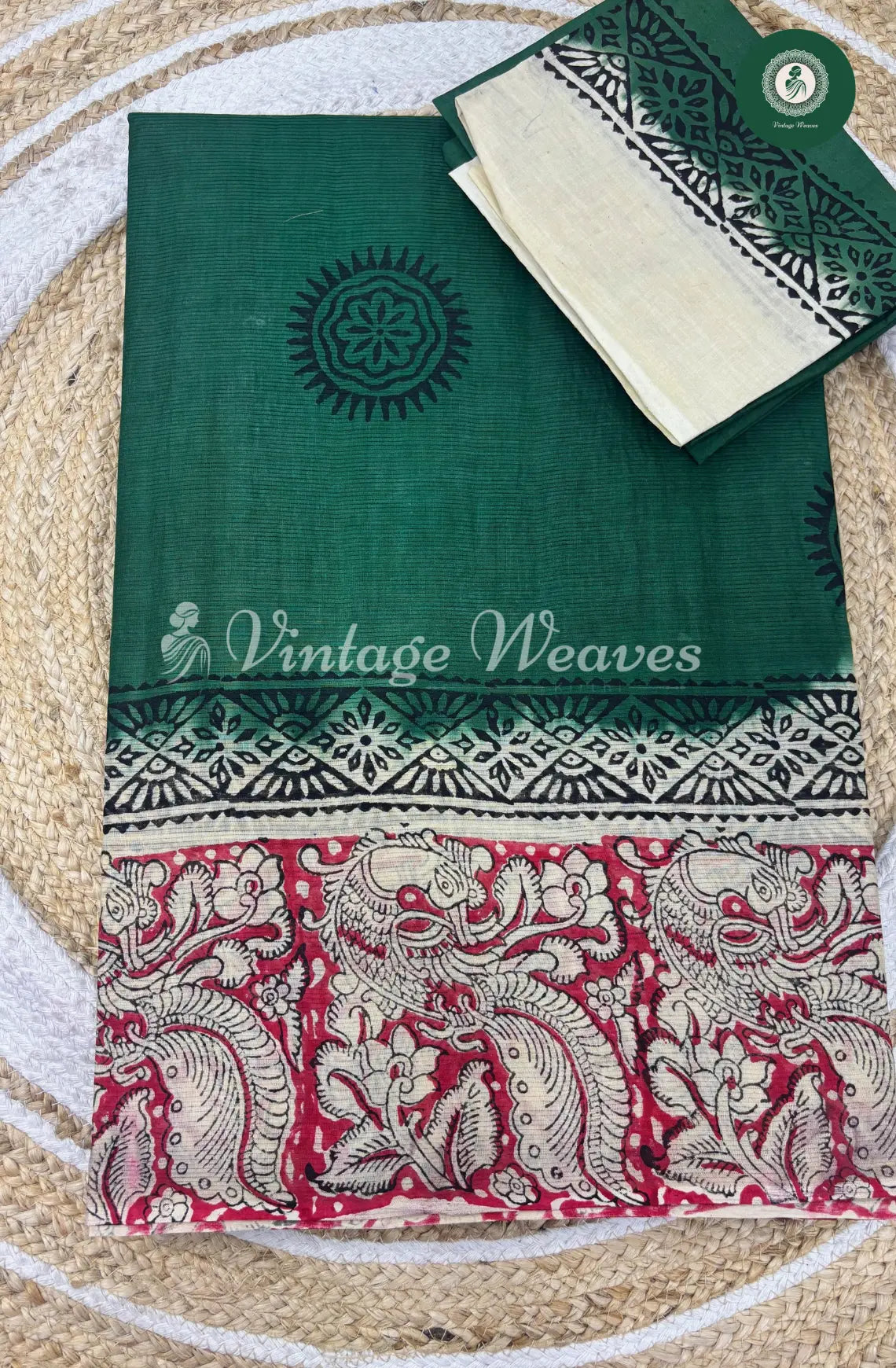 Dailywear Cotton Saree Kalamkari Border-Green with Red