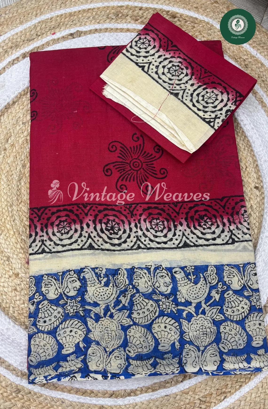 Dailywear Cotton Saree Kalamkari Border-Red with Blue
