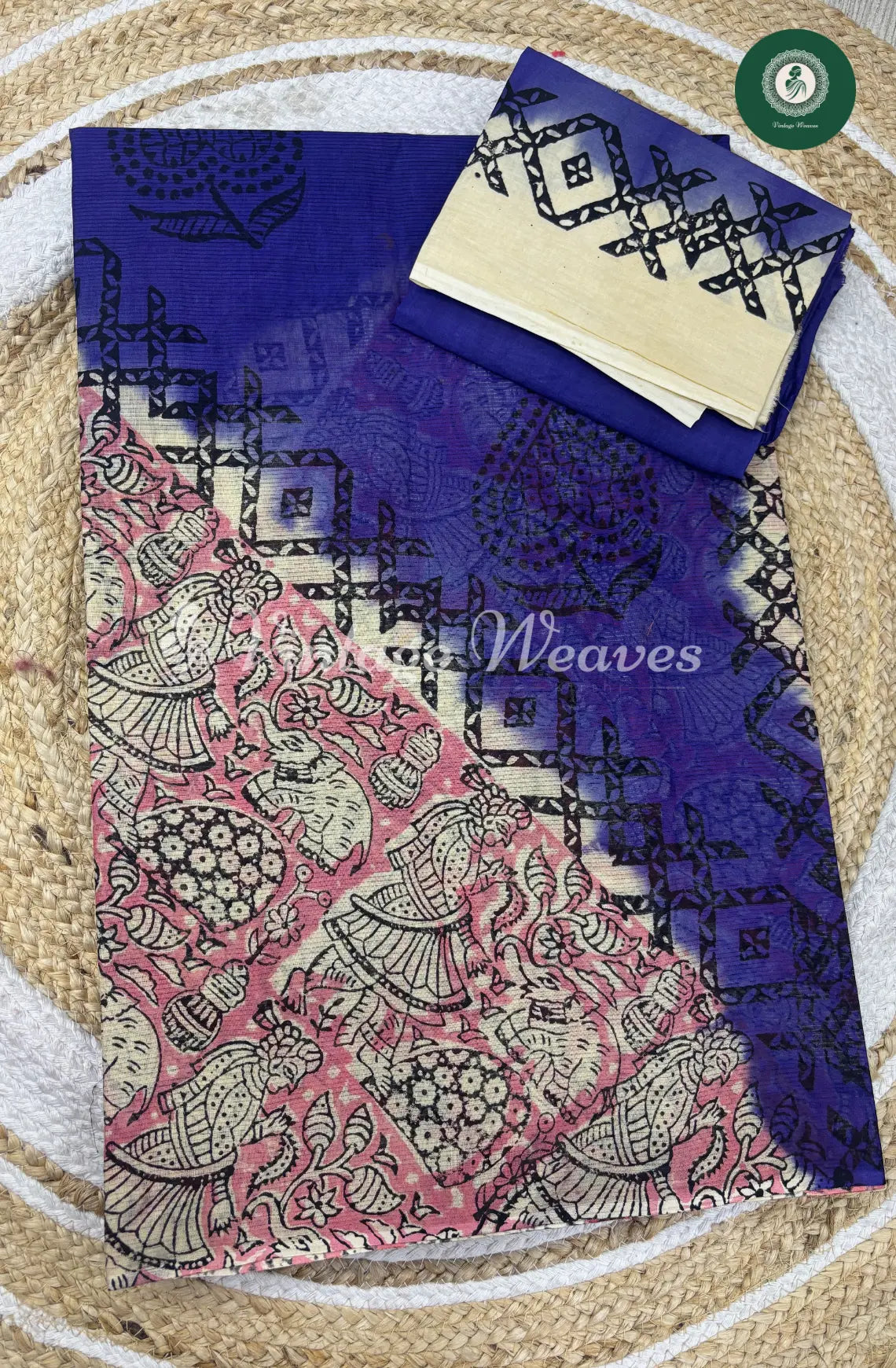 Dailywear Cotton Saree Kalamkari Print-Blue with Pink