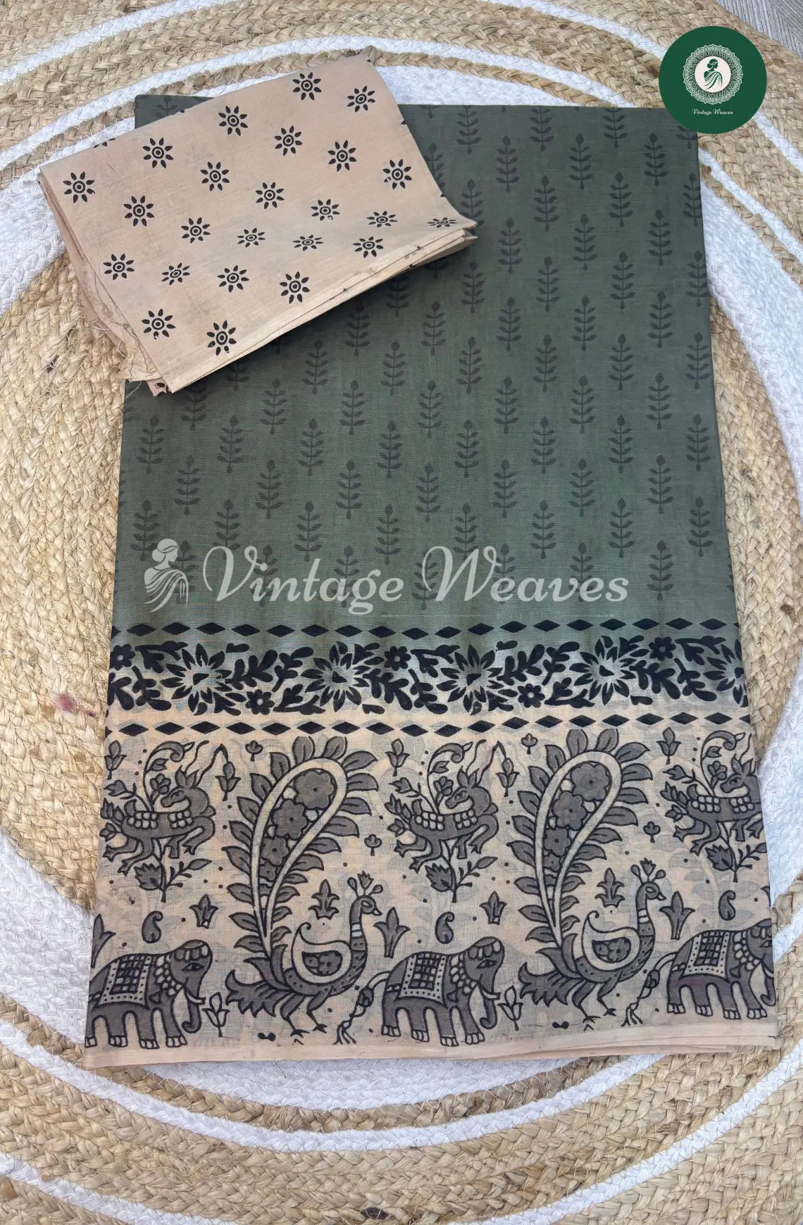 Dailywear Cotton Saree Mango Border-Grey with Skin