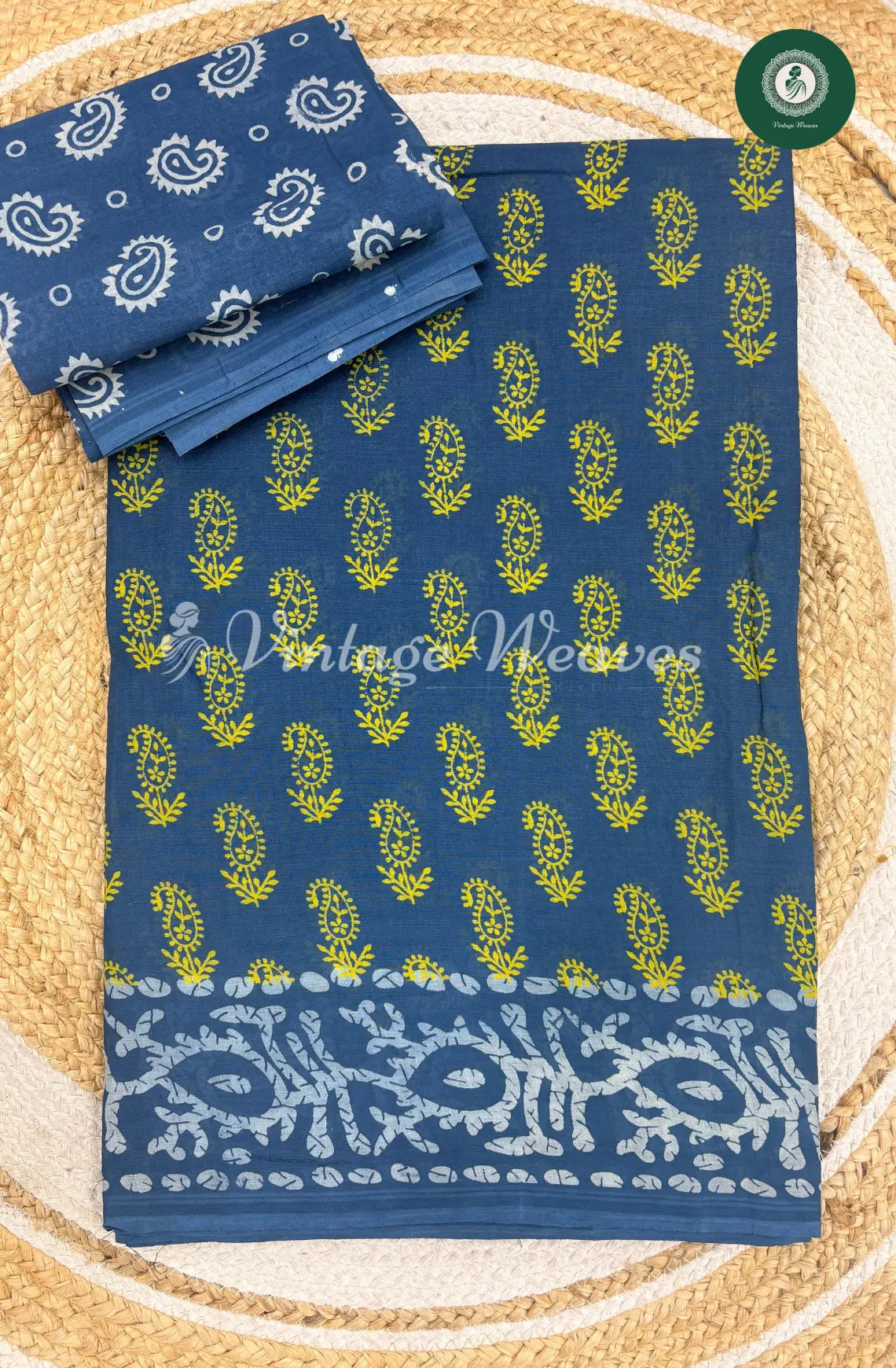 Dailywear Cotton Saree With Mango Print-Blue