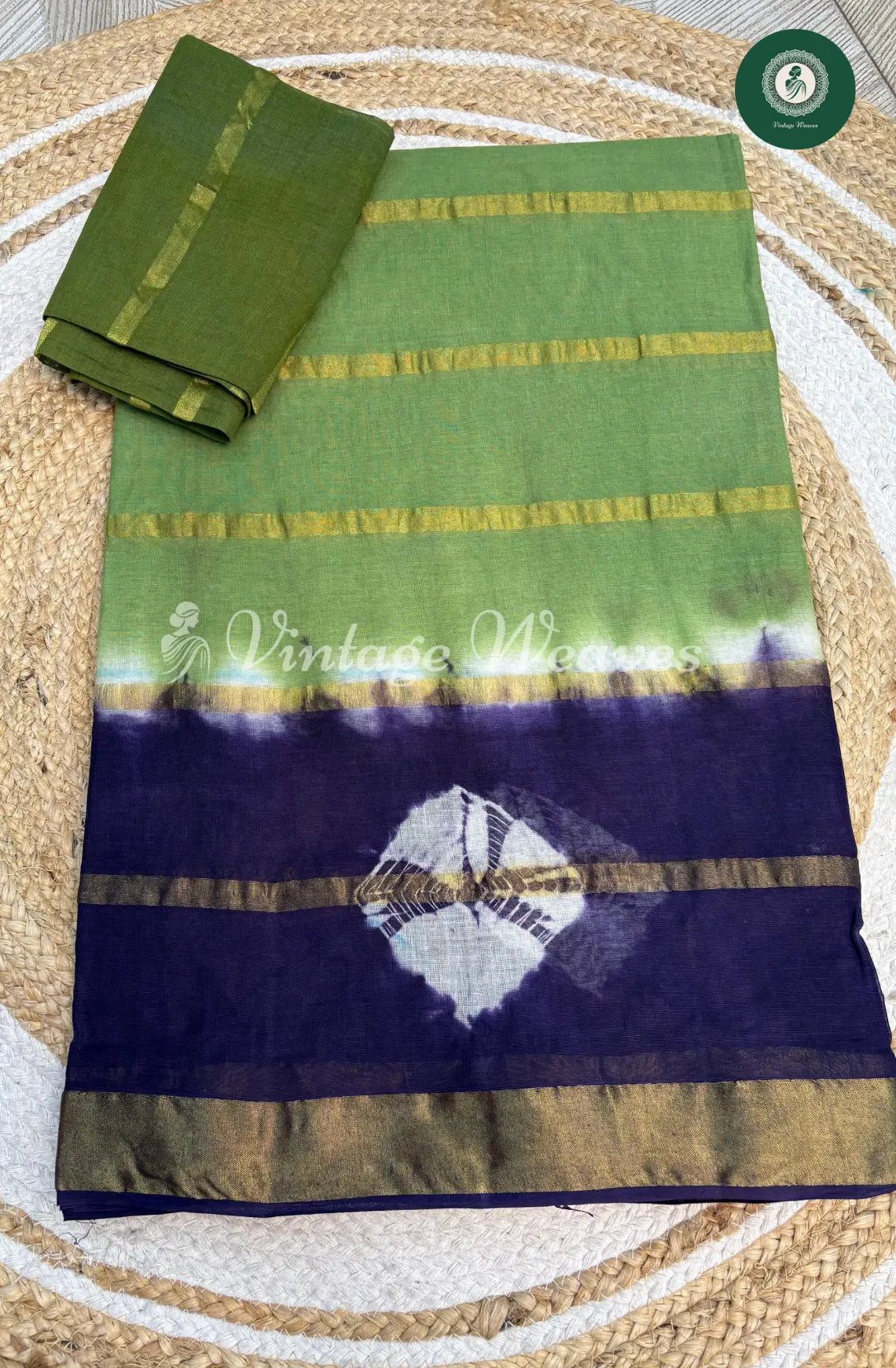 Dailywear Cotton Saree with Bandhini Border-Green with Blue