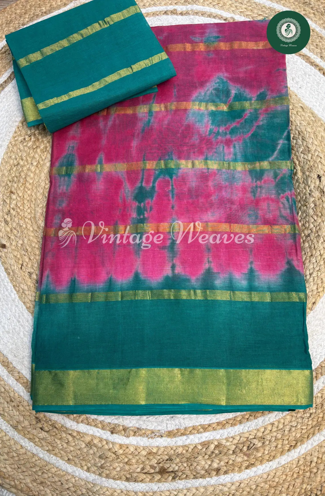 Dailywear Cotton Tie and Dye Saree-Pink with Green